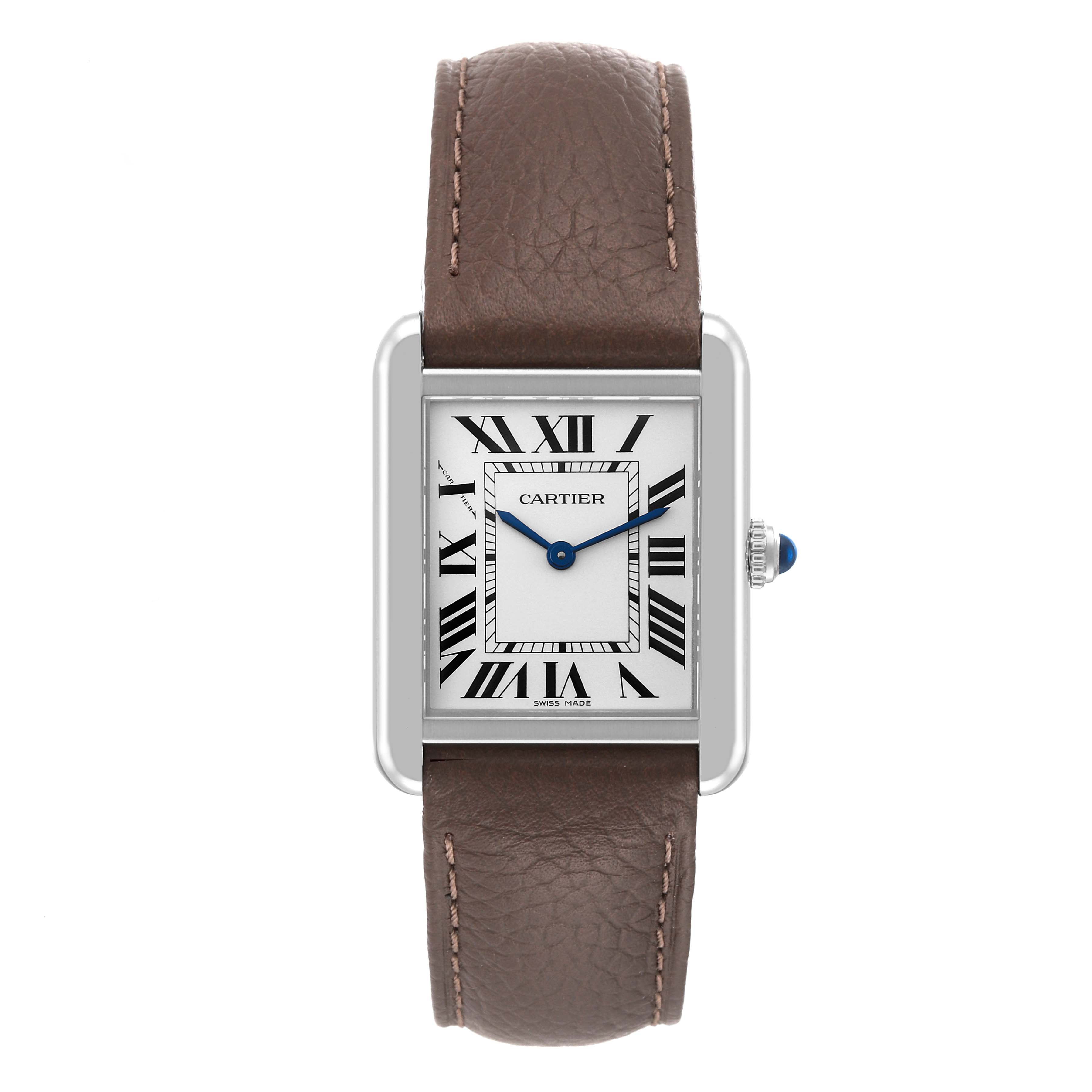 The Cartier Tank Solo W1018255 Women's Stainless Steel Silver Dial W1018255 Women's Stainless Steel Silver Dial watch is shown from a front angle, displaying its face, Roman numerals, and brown leather strap.