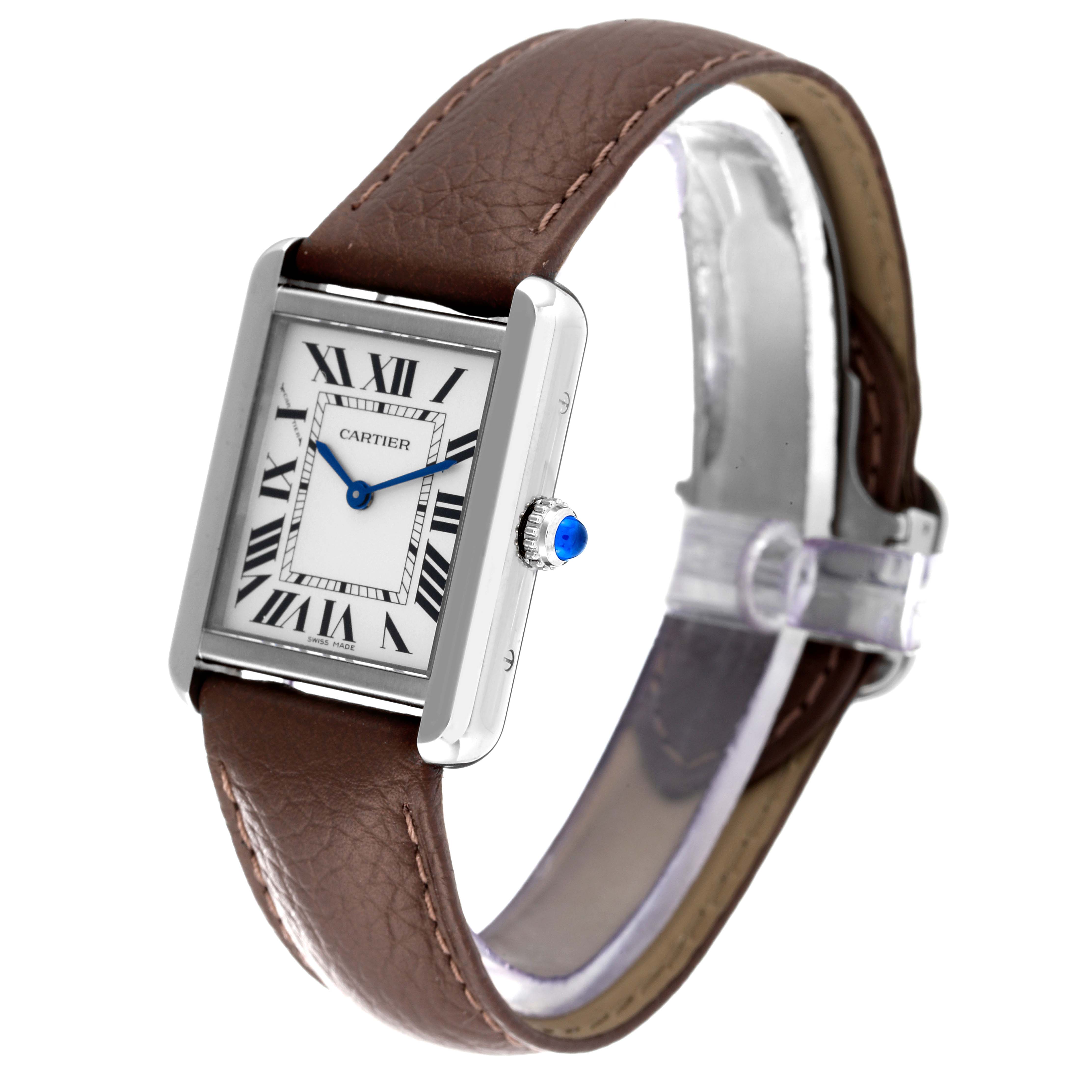 The image shows a Cartier Tank Solo W1018255 Women's Stainless Steel Silver Dial W1018255 Women's Stainless Steel Silver Dial model watch at a three-quarter angle, highlighting its face, bezel, crown, and leather strap.