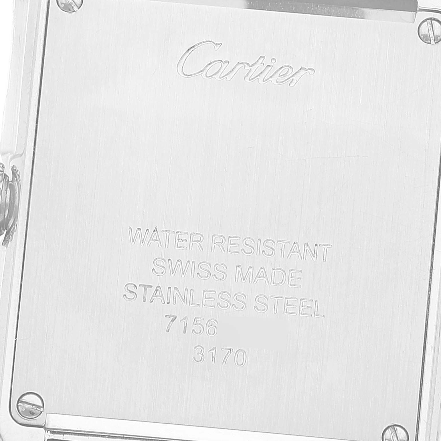 This image shows the back case of a Cartier Tank Solo W1018255 Women's Stainless Steel Silver Dial W1018255 Women's Stainless Steel Silver Dial watch, highlighting its branding and specifications.