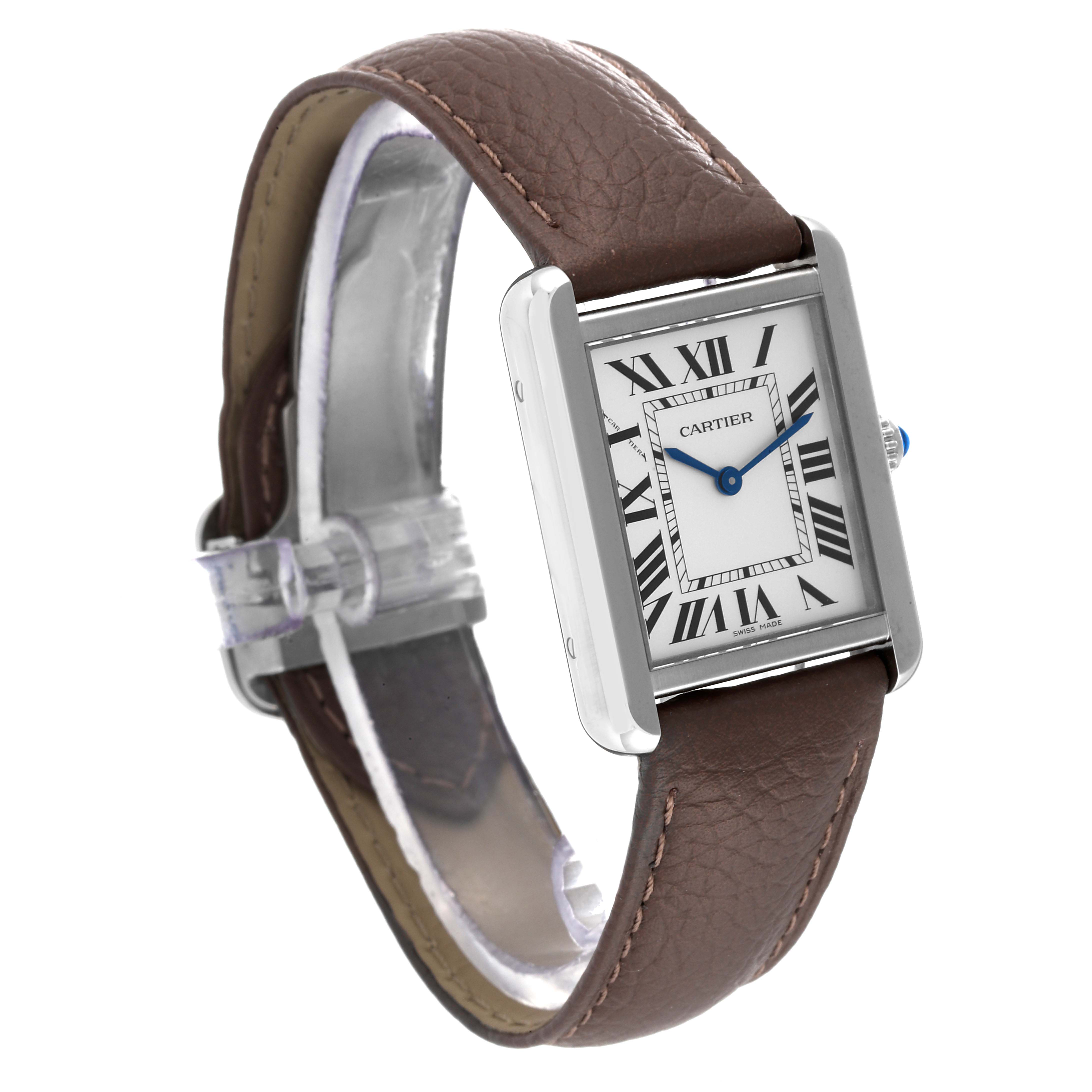 The Cartier Tank Solo W1018255 Women's Stainless Steel Silver Dial W1018255 Women's Stainless Steel Silver Dial watch is shown at a three-quarter angle, highlighting its leather strap and rectangular face with Roman numerals.