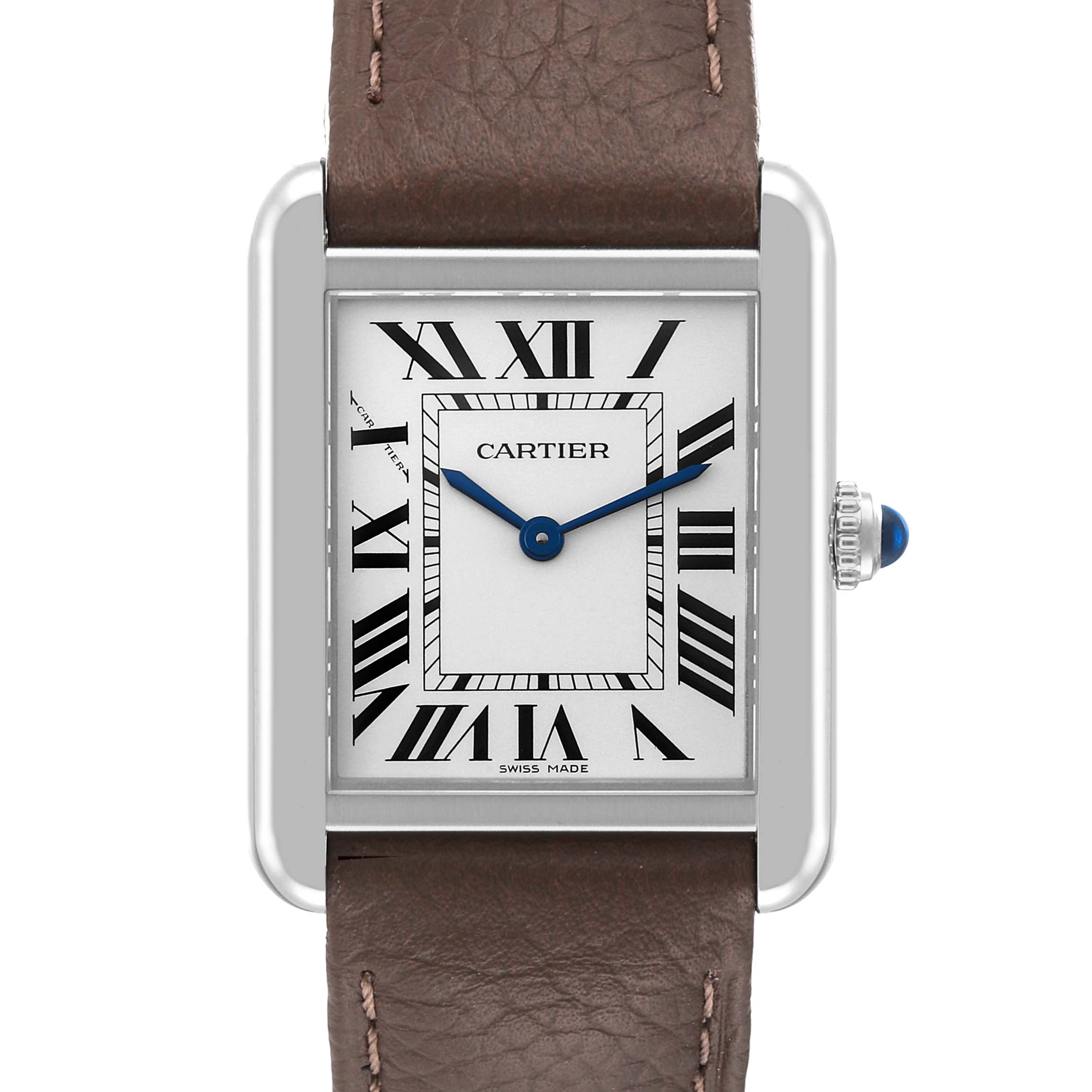 The image shows the front view of a Cartier Tank Solo W1018255 Women's Stainless Steel Silver Dial W1018255 Women's Stainless Steel Silver Dial watch, featuring a rectangular face with Roman numerals and a brown strap.