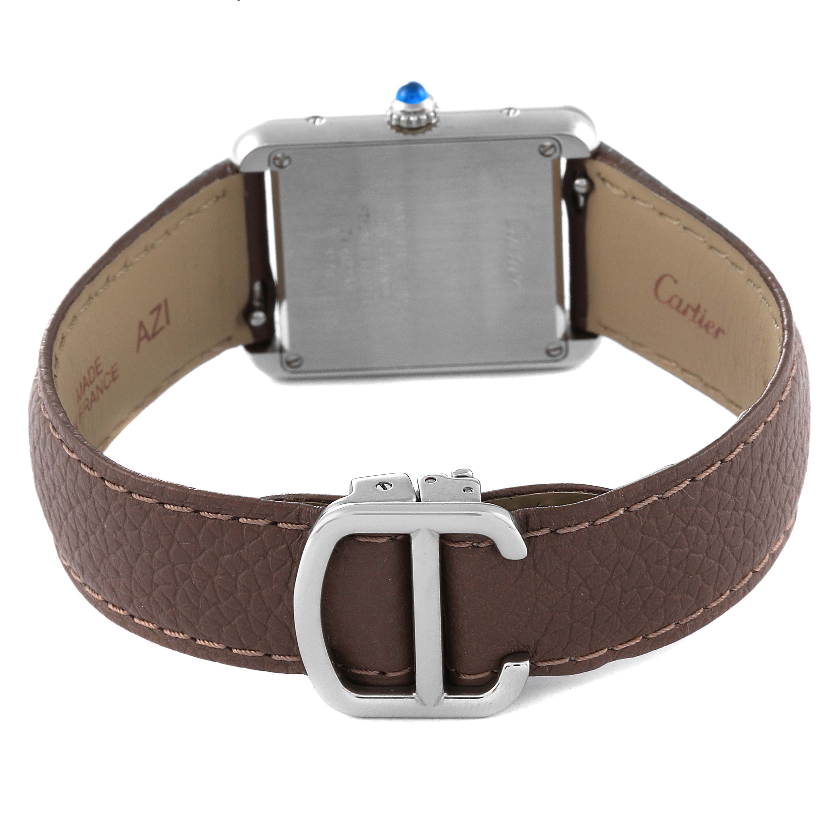 The image shows the back and buckle of a Cartier Tank Solo W1018255 Women's Stainless Steel Silver Dial W1018255 Women's Stainless Steel Silver Dial watch.