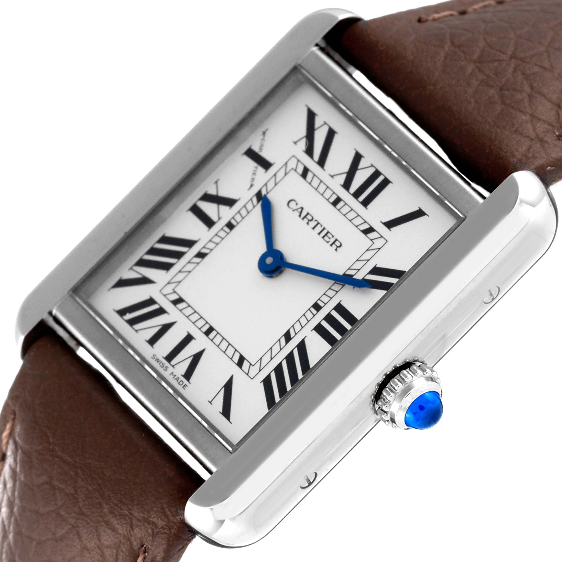 The image shows a close-up angle of a Cartier Tank Solo W1018255 Women's Stainless Steel Silver Dial W1018255 Women's Stainless Steel Silver Dial watch displaying its face, crown, and leather strap.