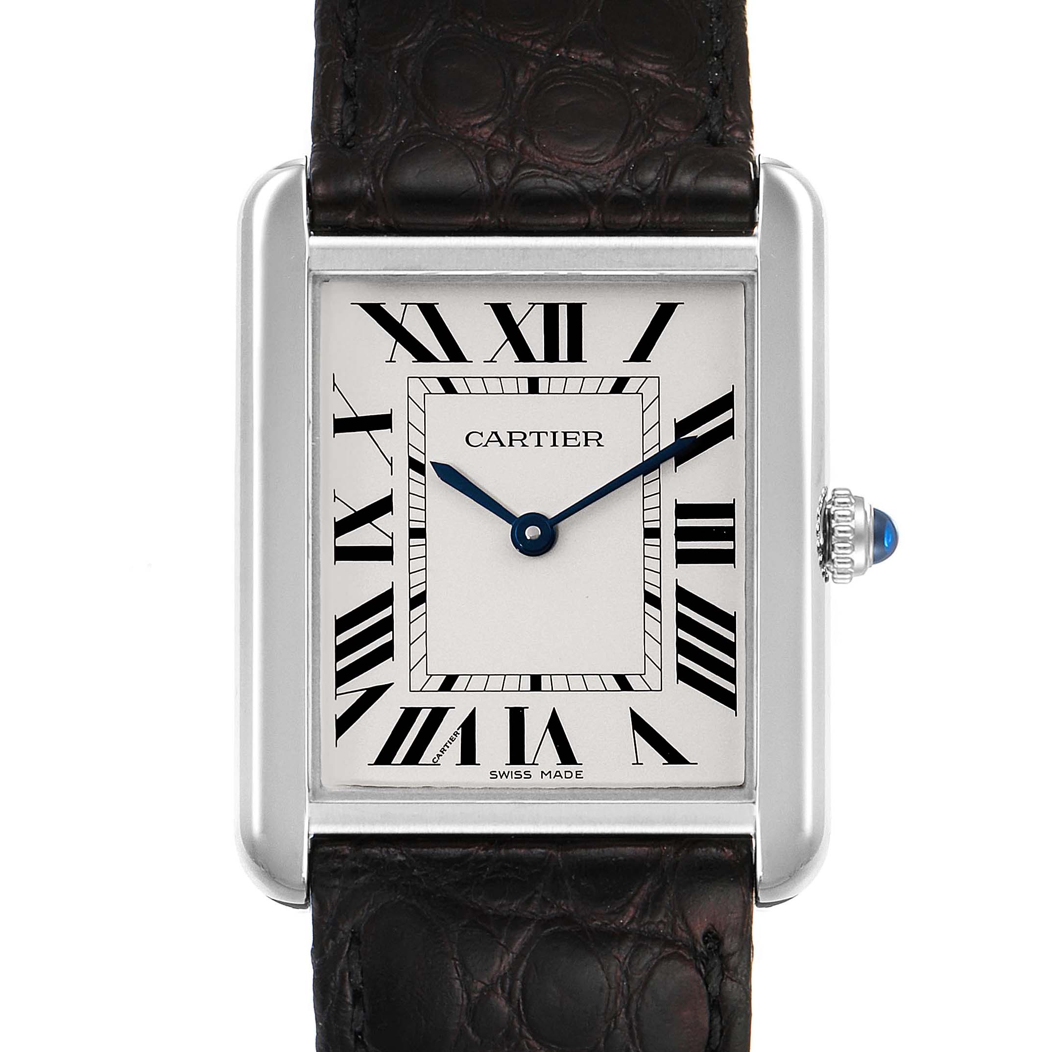 The image shows a front view of the Cartier Tank Solo W1018355 Men
s Stainless Steel Silver Dial W1018355 Men
s Stainless Steel Silver Dial watch, highlighting its face, hands, Roman numerals, and part of the leather strap.