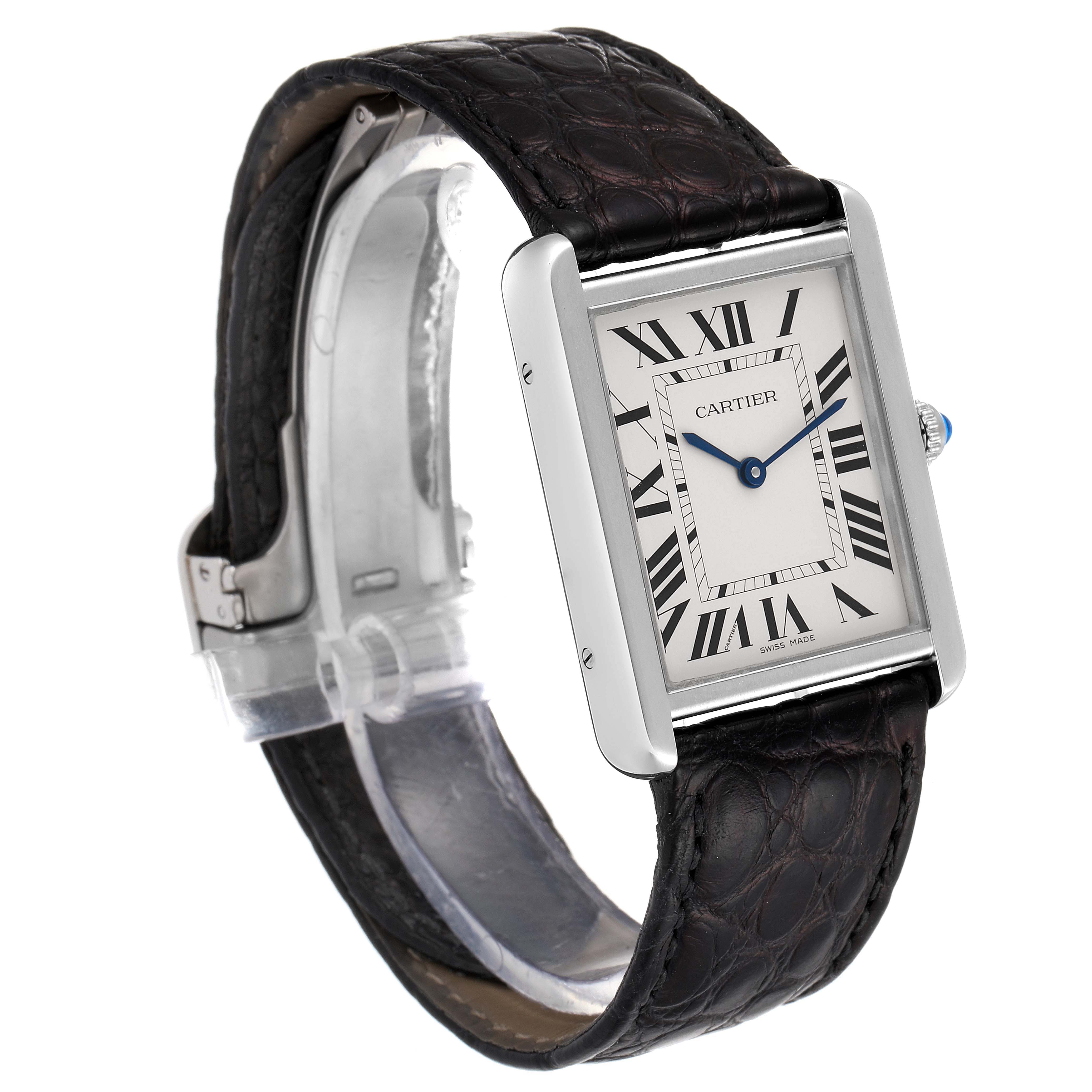 This Cartier Tank Solo W1018355 Men
s Stainless Steel Silver Dial W1018355 Men
s Stainless Steel Silver Dial watch is shown at a three-quarter angle, displaying its face, crown, and leather strap.
