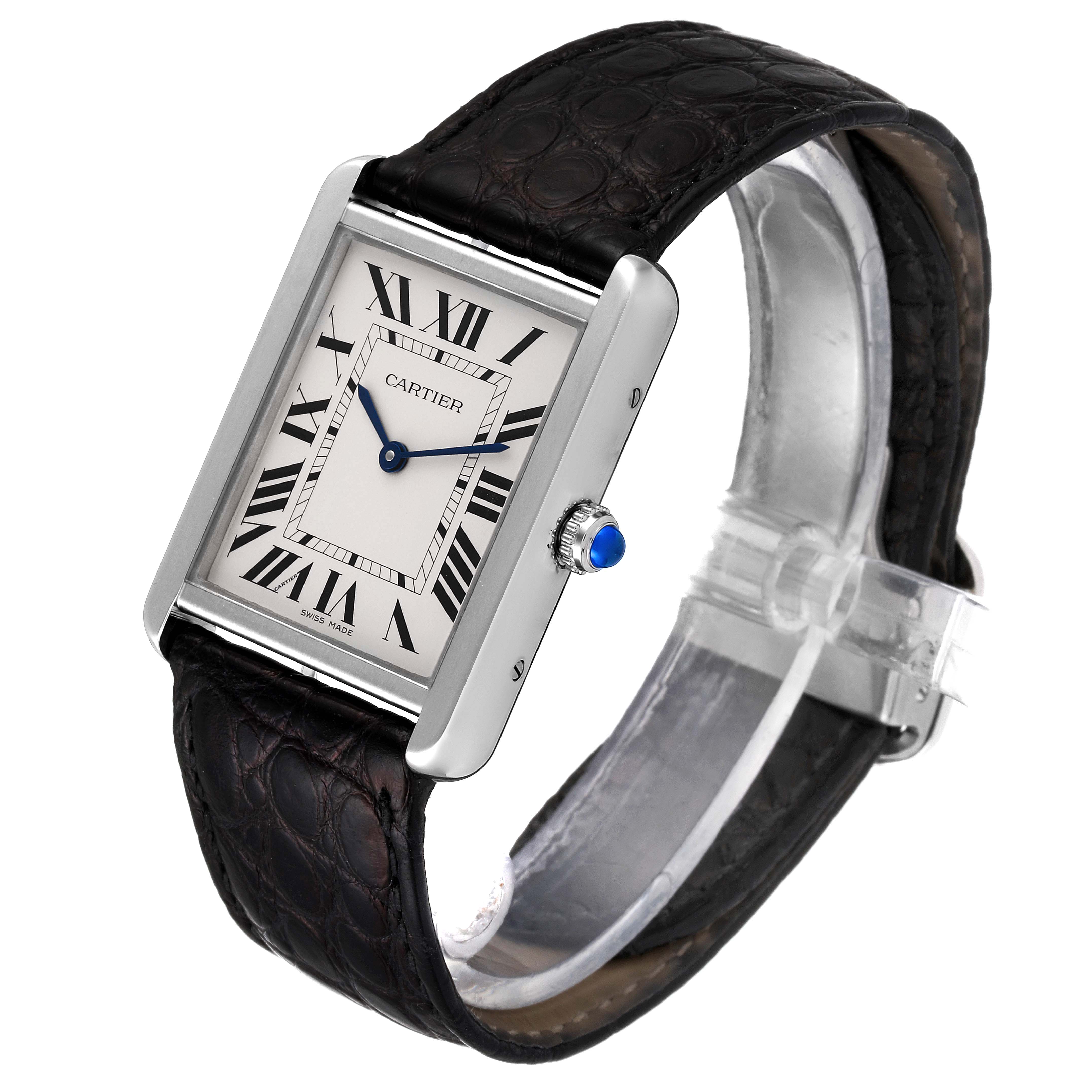 The image shows a Cartier Tank Solo W1018355 Men
s Stainless Steel Silver Dial W1018355 Men
s Stainless Steel Silver Dial watch with a leather band, showcasing its face, crown, and part of its buckle from a front angle.