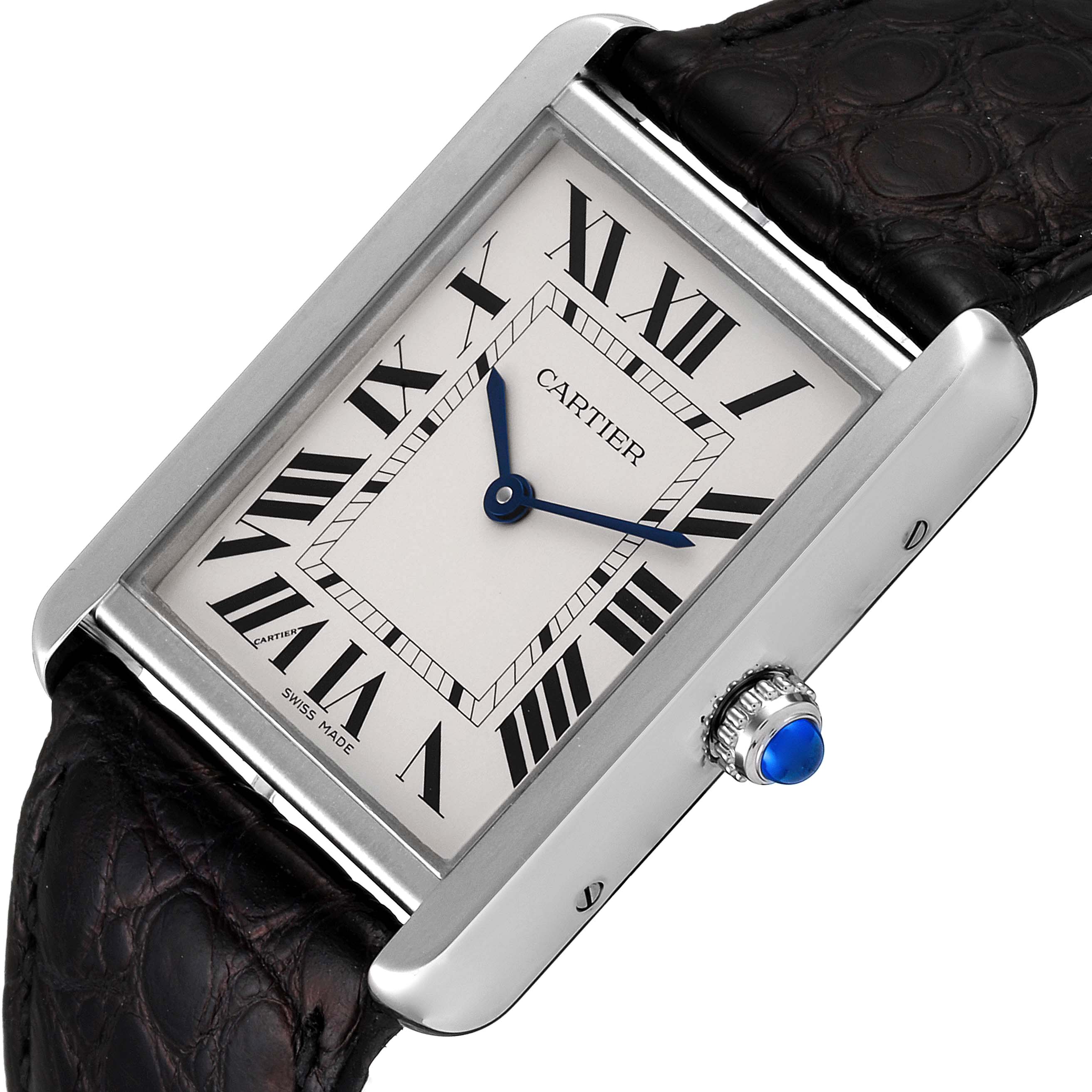 The Cartier Tank Solo W1018355 Men
s Stainless Steel Silver Dial W1018355 Men
s Stainless Steel Silver Dial watch is shown at an angle, highlighting its rectangular face, Roman numerals, crown with a blue cabochon, and leather strap.