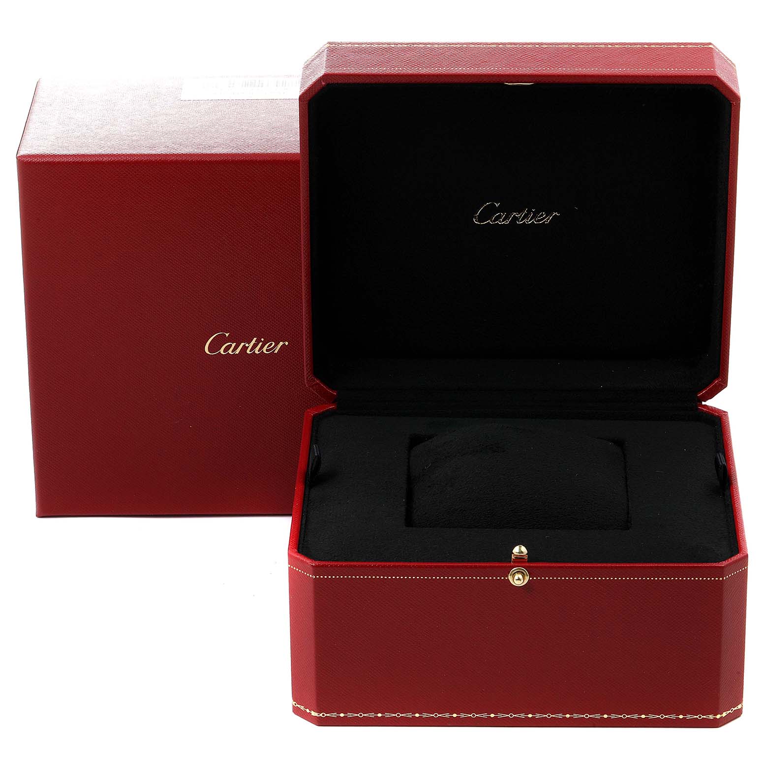 The image shows an open red Cartier watch box for the Tank Solo model, with a matching outer box in the background.