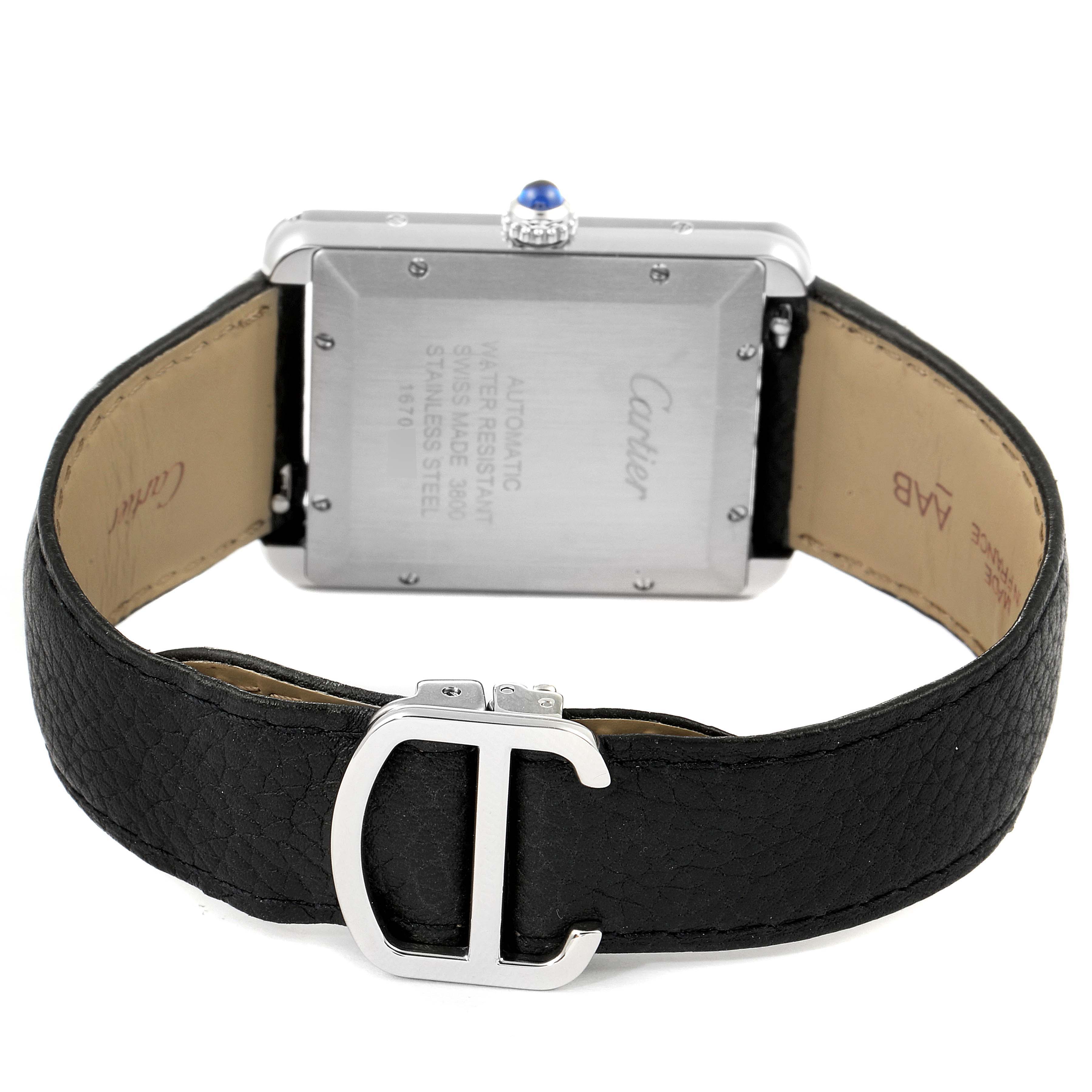 The image shows the back case and leather strap of the Cartier Tank Solo W5200027 Men
s Stainless Steel Silver Dial W5200027 Men
s Stainless Steel Silver Dial watch from a rear angle.