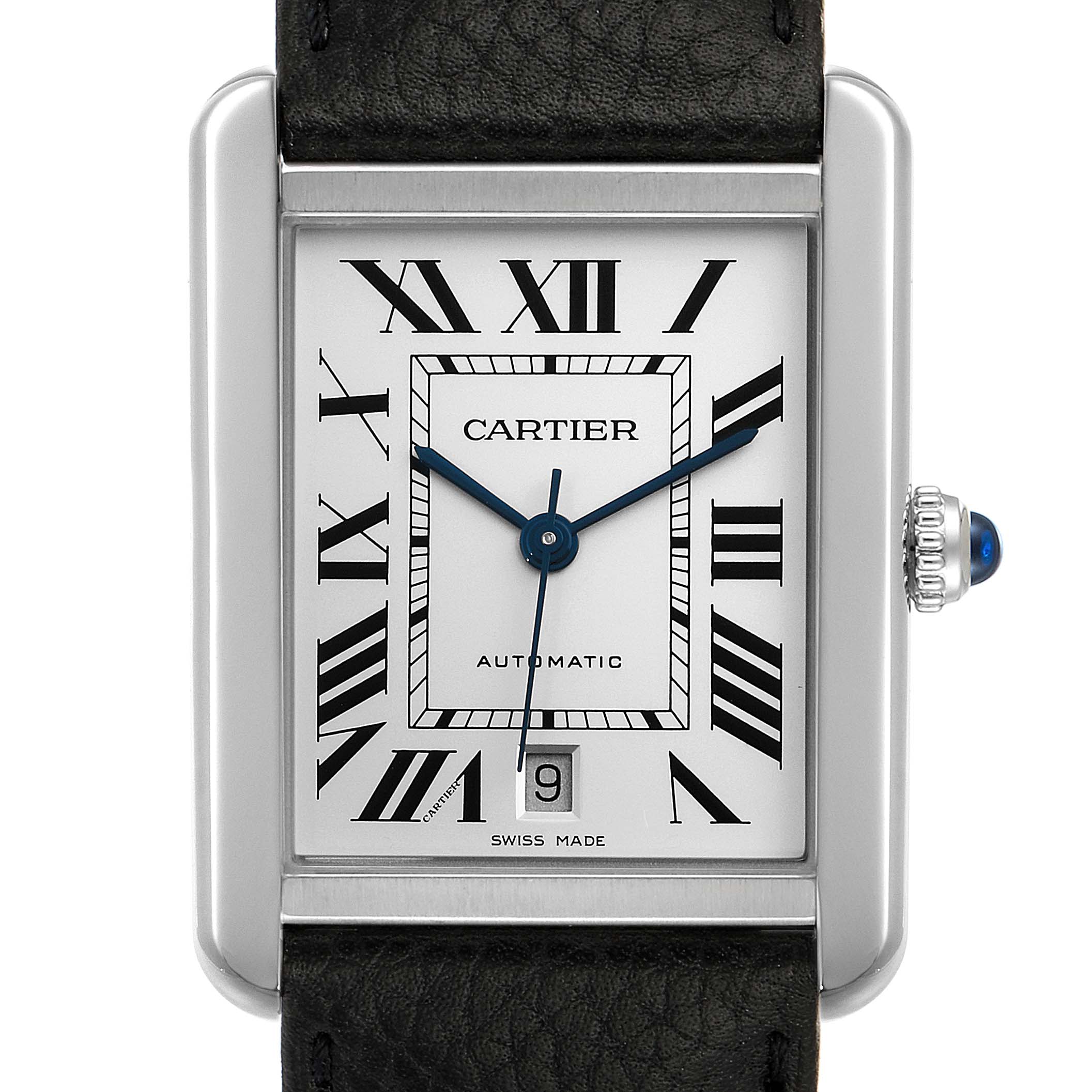 The image shows a frontal view of a Cartier Tank Solo W5200027 Men
s Stainless Steel Silver Dial W5200027 Men
s Stainless Steel Silver Dial watch, featuring the rectangular dial, Roman numerals, hands, and date window.