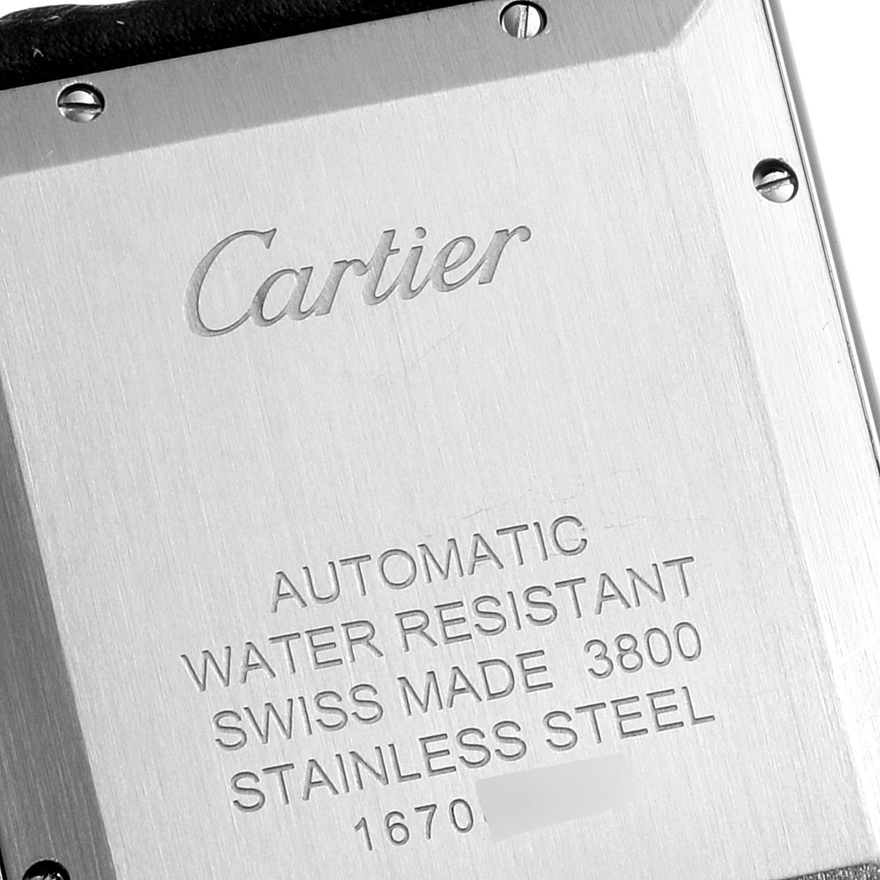 This image shows the back of a Cartier Tank Solo W5200027 Men
s Stainless Steel Silver Dial W5200027 Men
s Stainless Steel Silver Dial watch featuring engraved details and screws.