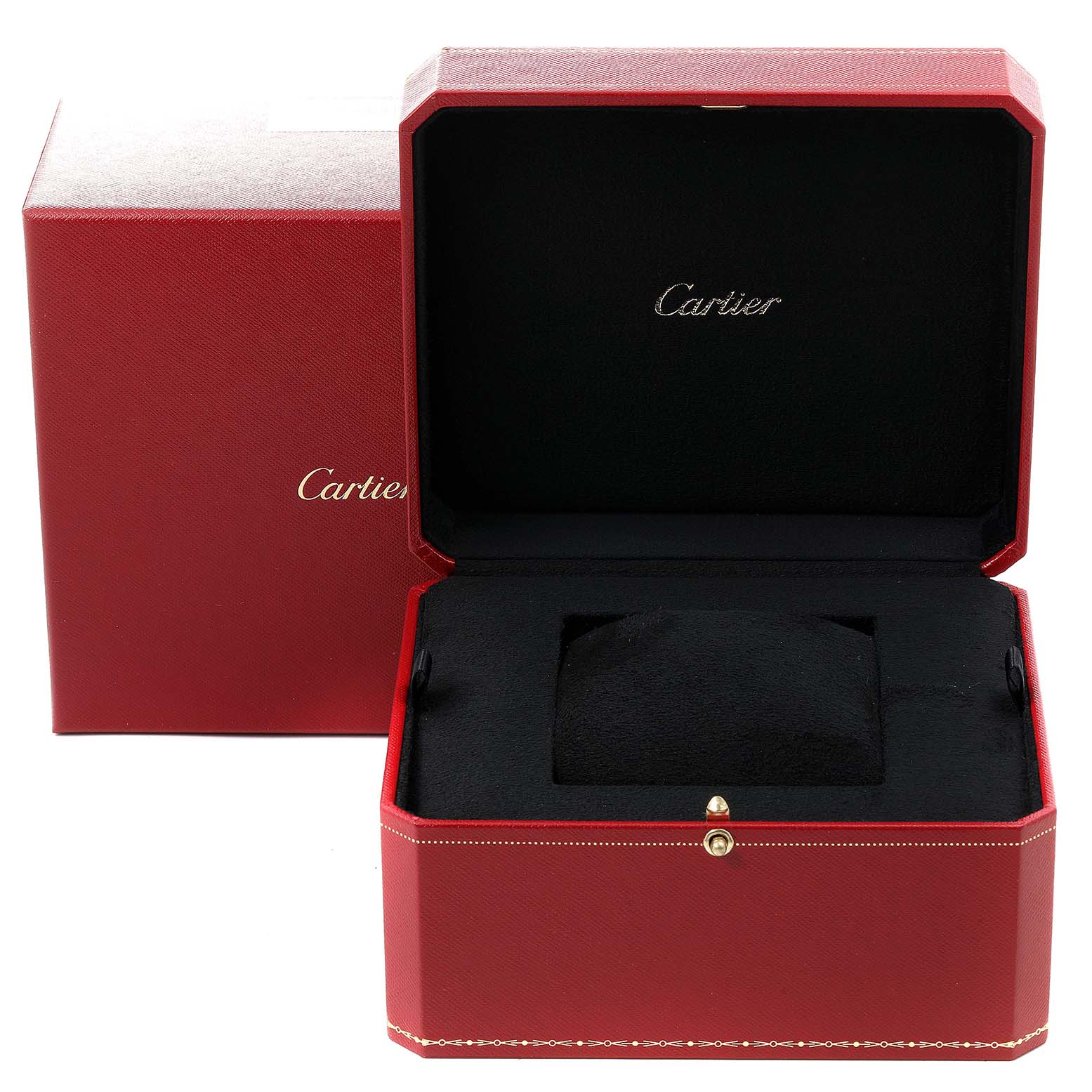 The image shows an open red Cartier box for the Tank Solo model watch, featuring its soft interior and Cartier logo.