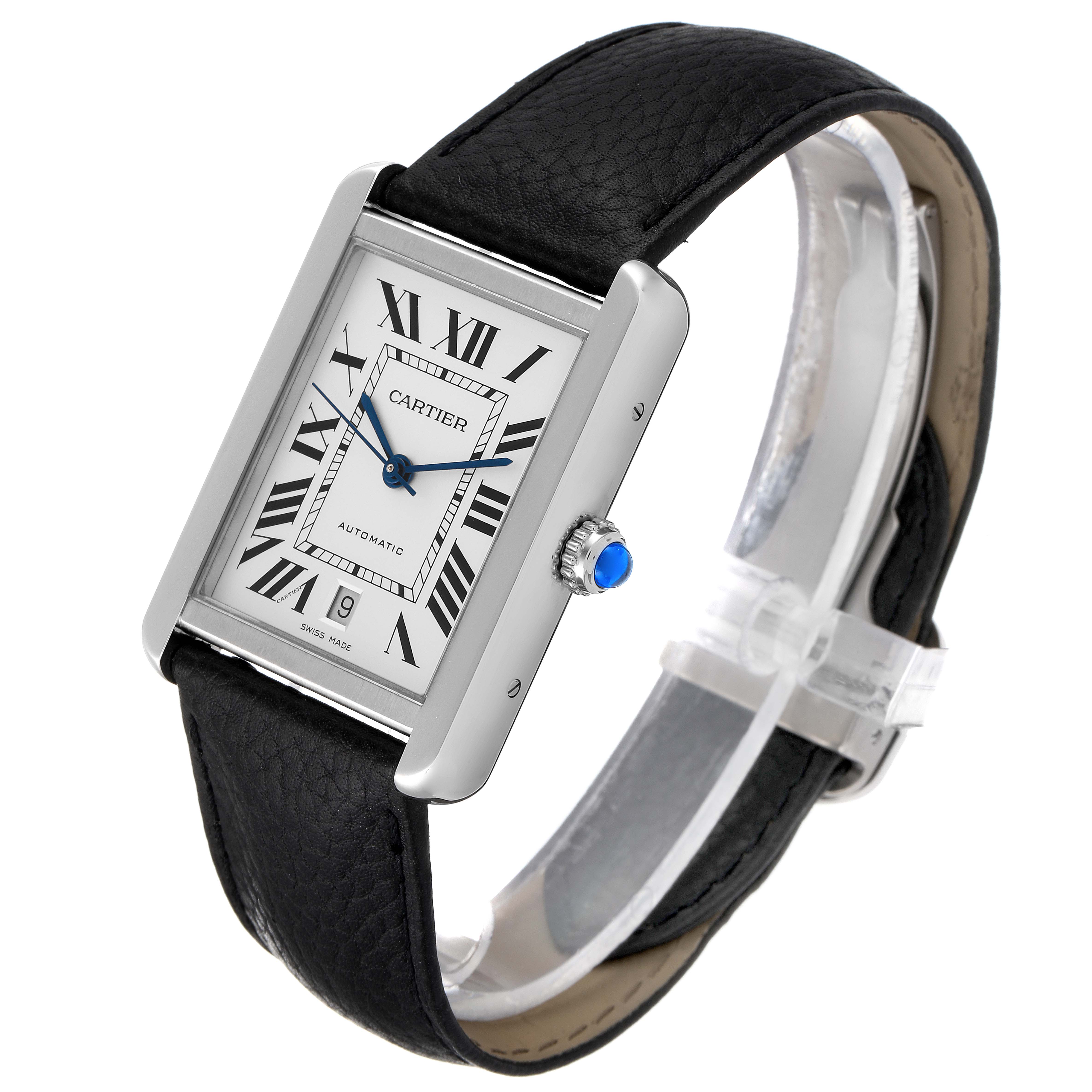 The image shows a Cartier Tank Solo W5200027 Men
s Stainless Steel Silver Dial W5200027 Men
s Stainless Steel Silver Dial watch at an angled view, highlighting its rectangular face, Roman numerals, and black leather strap.