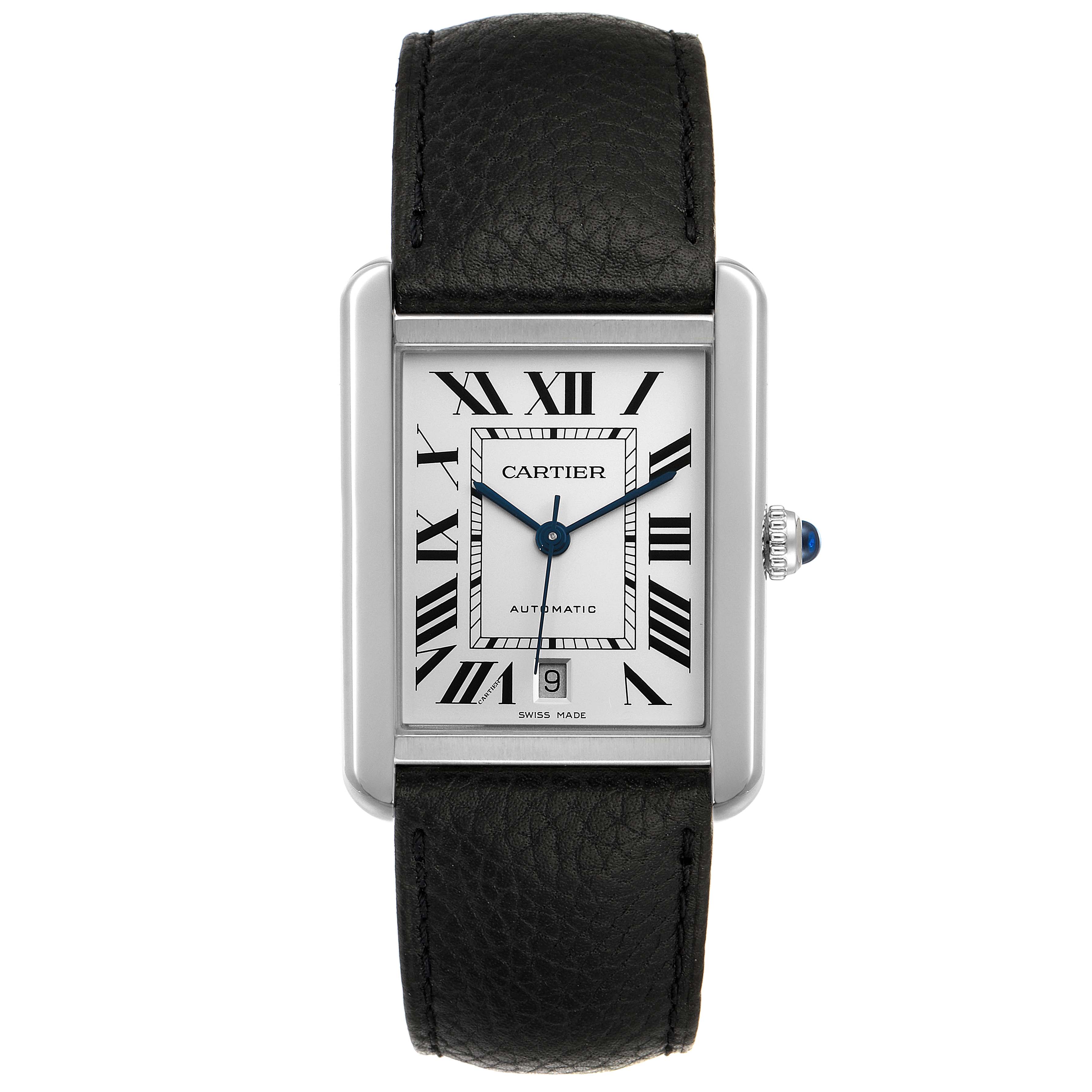The image shows a front view of the Cartier Tank Solo W5200027 Men
s Stainless Steel Silver Dial W5200027 Men
s Stainless Steel Silver Dial watch, displaying the face, bezel, and strap.