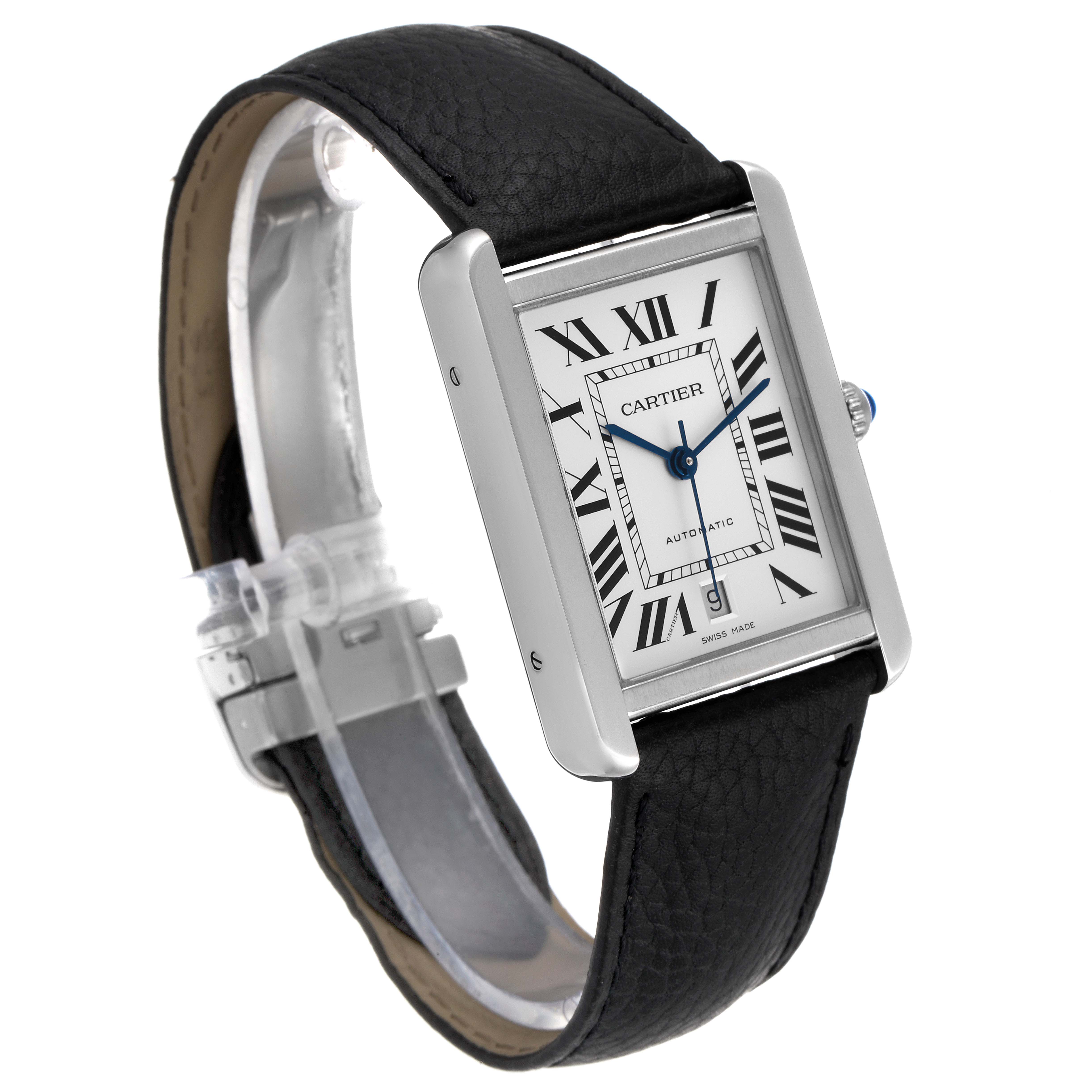 The Cartier Tank Solo W5200027 Men
s Stainless Steel Silver Dial W5200027 Men
s Stainless Steel Silver Dial watch is shown at a slight angle, displaying its rectangular face, Roman numerals, and black leather strap.