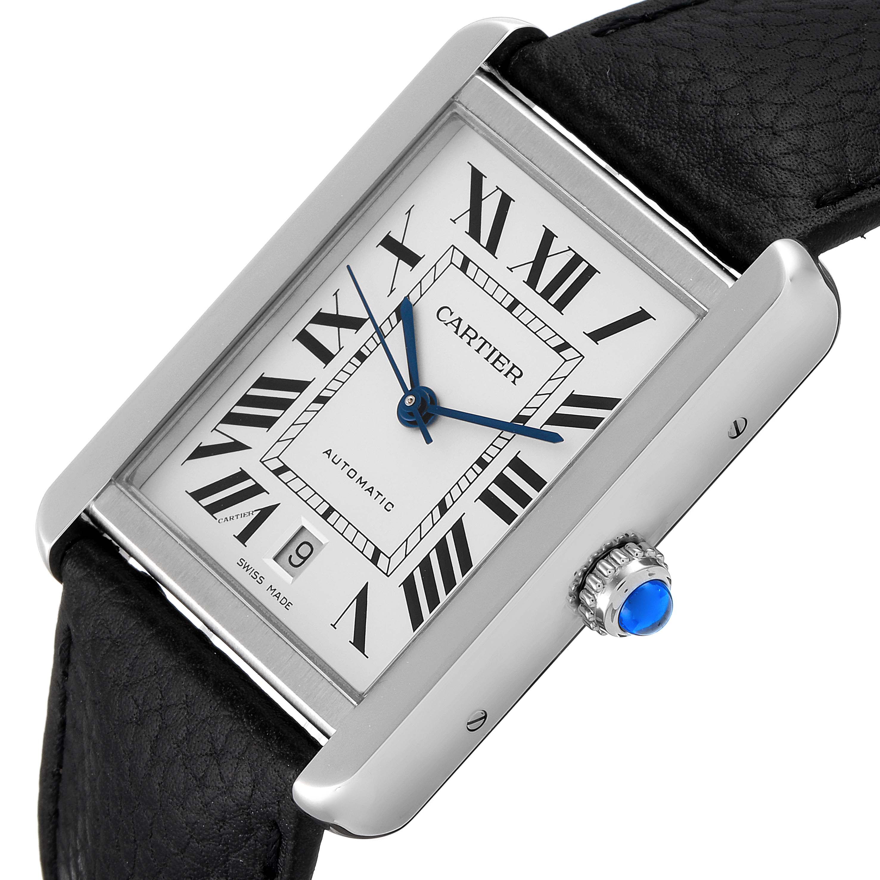 The image shows a Cartier Tank Solo W5200027 Men
s Stainless Steel Silver Dial W5200027 Men
s Stainless Steel Silver Dial watch from a diagonal angle, highlighting the dial, crown, case, and leather strap.
