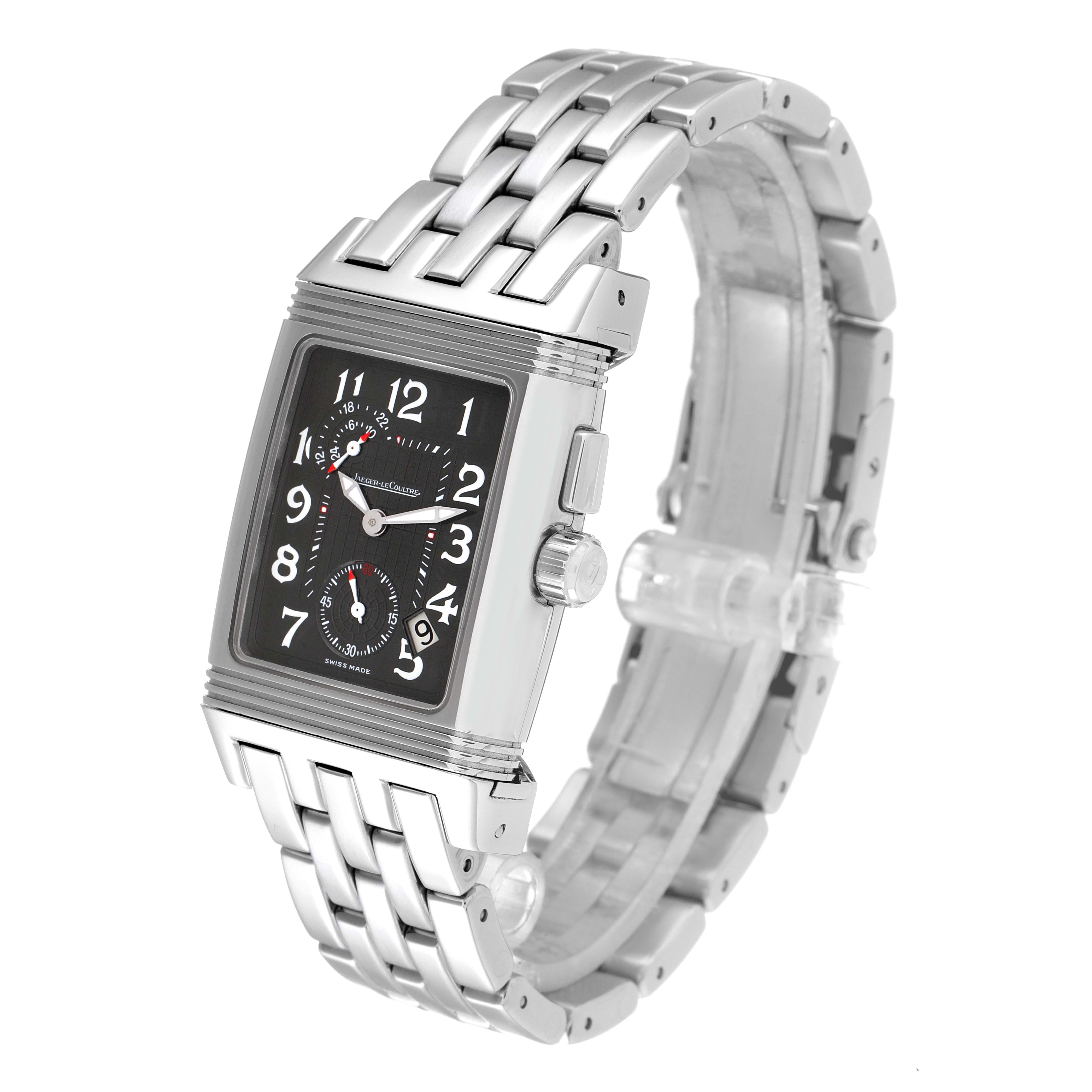 The image shows a Jaeger LeCoultre Reverso 295.8.51 Men
s Stainless Steel Silver Dial 295.8.51 Men
s Stainless Steel Silver Dial wristwatch at a three-quarter angle displaying the case, dial, crown, and bracelet.