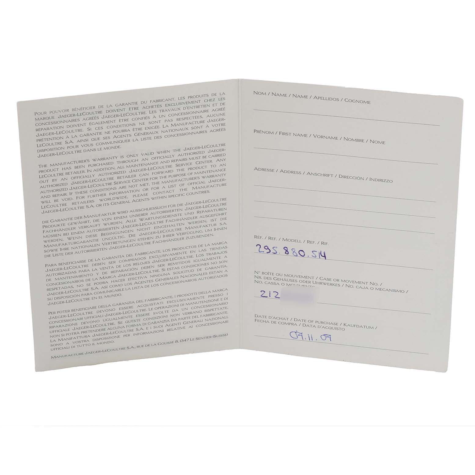 The image shows the warranty booklet for a Jaeger LeCoultre Reverso 295.8.51 Men
s Stainless Steel Silver Dial 295.8.51 Men
s Stainless Steel Silver Dial watch, viewed open to display both pages.