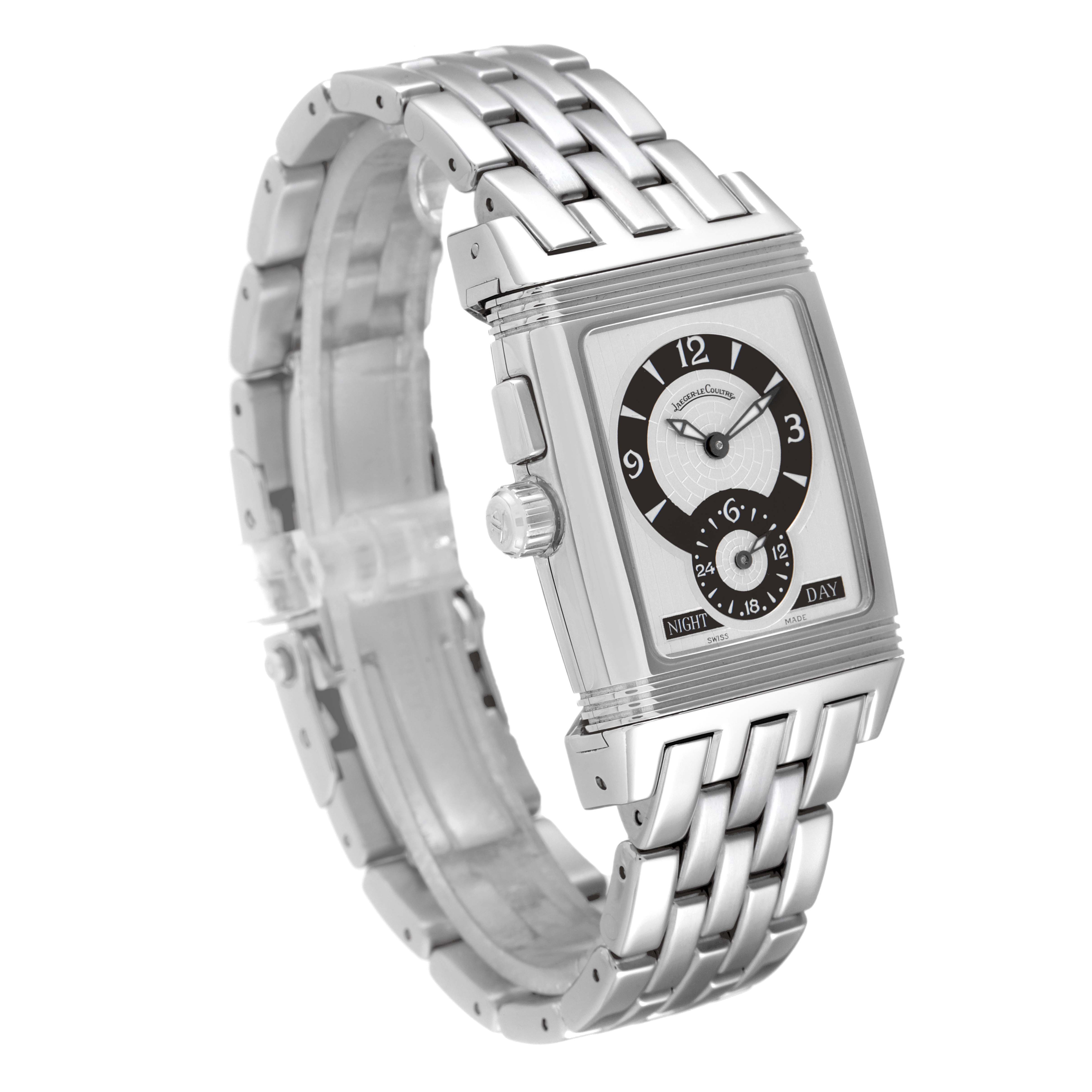 The image shows a side-angle view of the Jaeger LeCoultre Reverso 295.8.51 Men
s Stainless Steel Silver Dial 295.8.51 Men
s Stainless Steel Silver Dial watch, highlighting its face, bracelet, and crown.