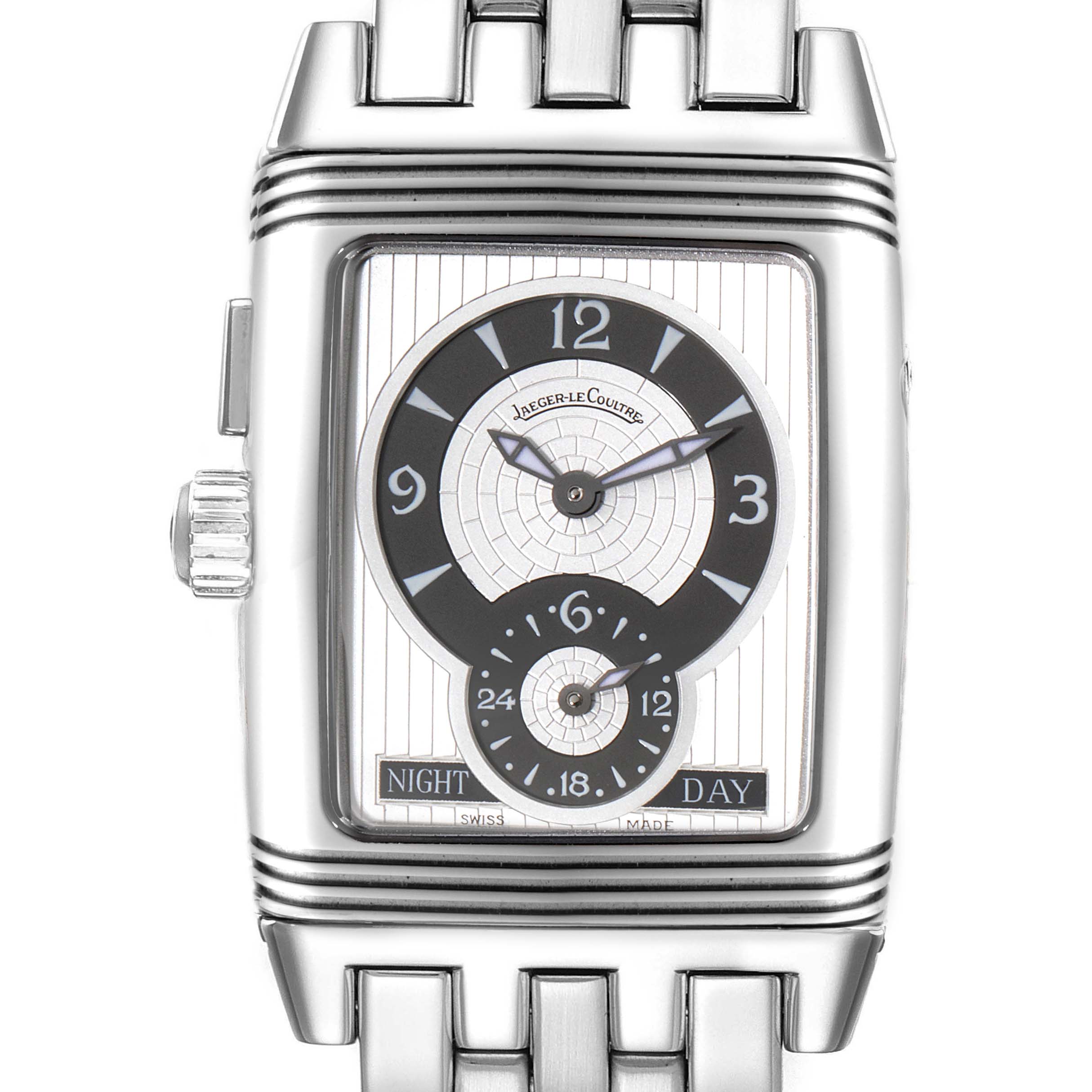 This is a front view of the Jaeger LeCoultre Reverso 295.8.51 Men
s Stainless Steel Silver Dial 295.8.51 Men
s Stainless Steel Silver Dial watch, showing the dial and stainless steel bracelet.