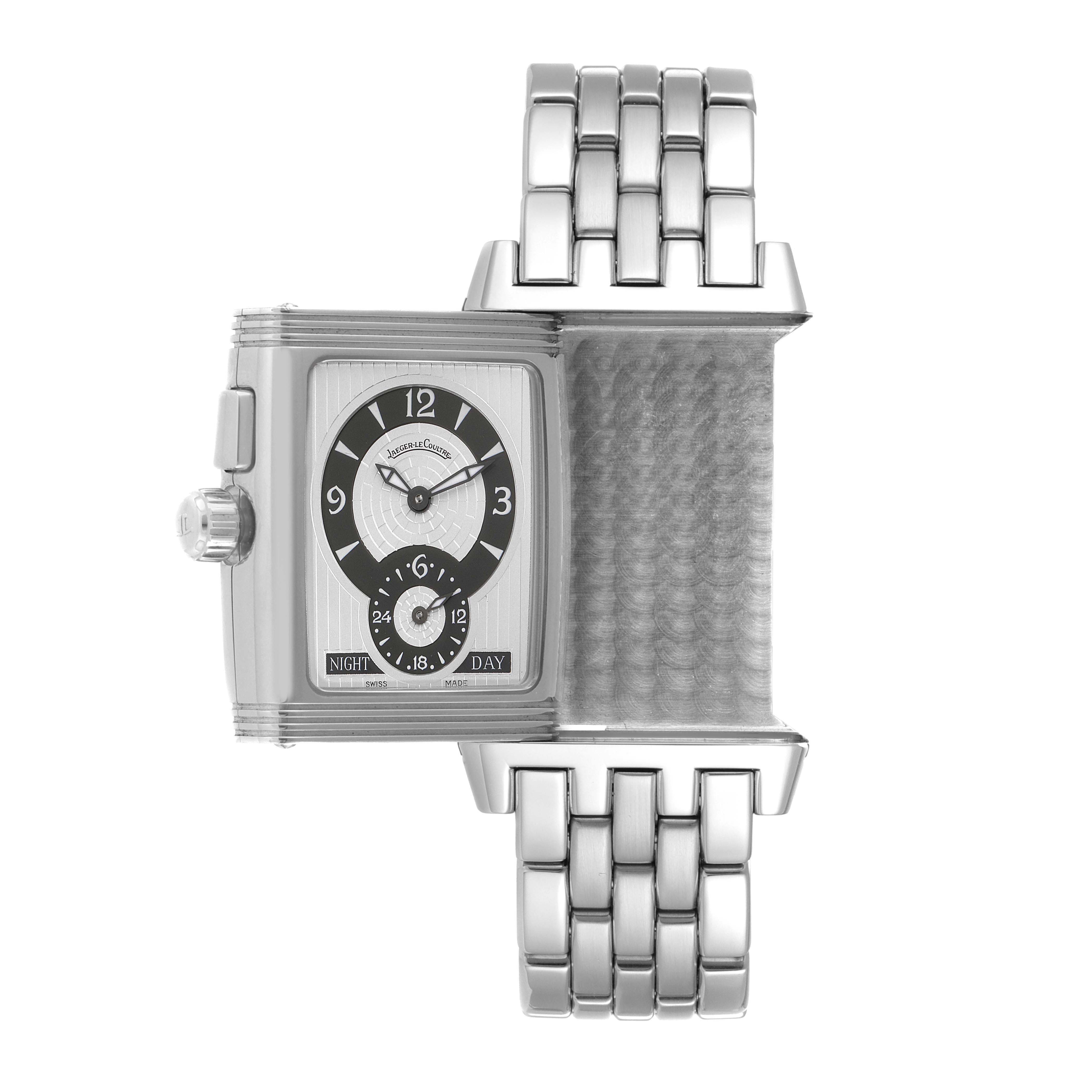 The image shows the Jaeger LeCoultre Reverso 295.8.51 Men
s Stainless Steel Silver Dial 295.8.51 Men
s Stainless Steel Silver Dial watch in a front-facing angle with its case partially rotated and the metal strap visible.