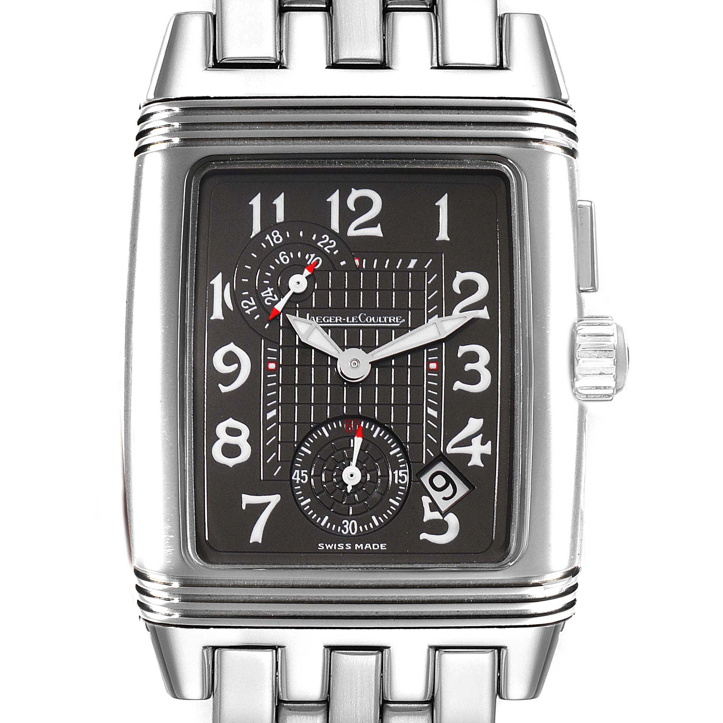 This is a front view of a Jaeger LeCoultre Reverso 295.8.51 Men
s Stainless Steel Silver Dial 295.8.51 Men
s Stainless Steel Silver Dial watch showing its face, bracelet, and crown.