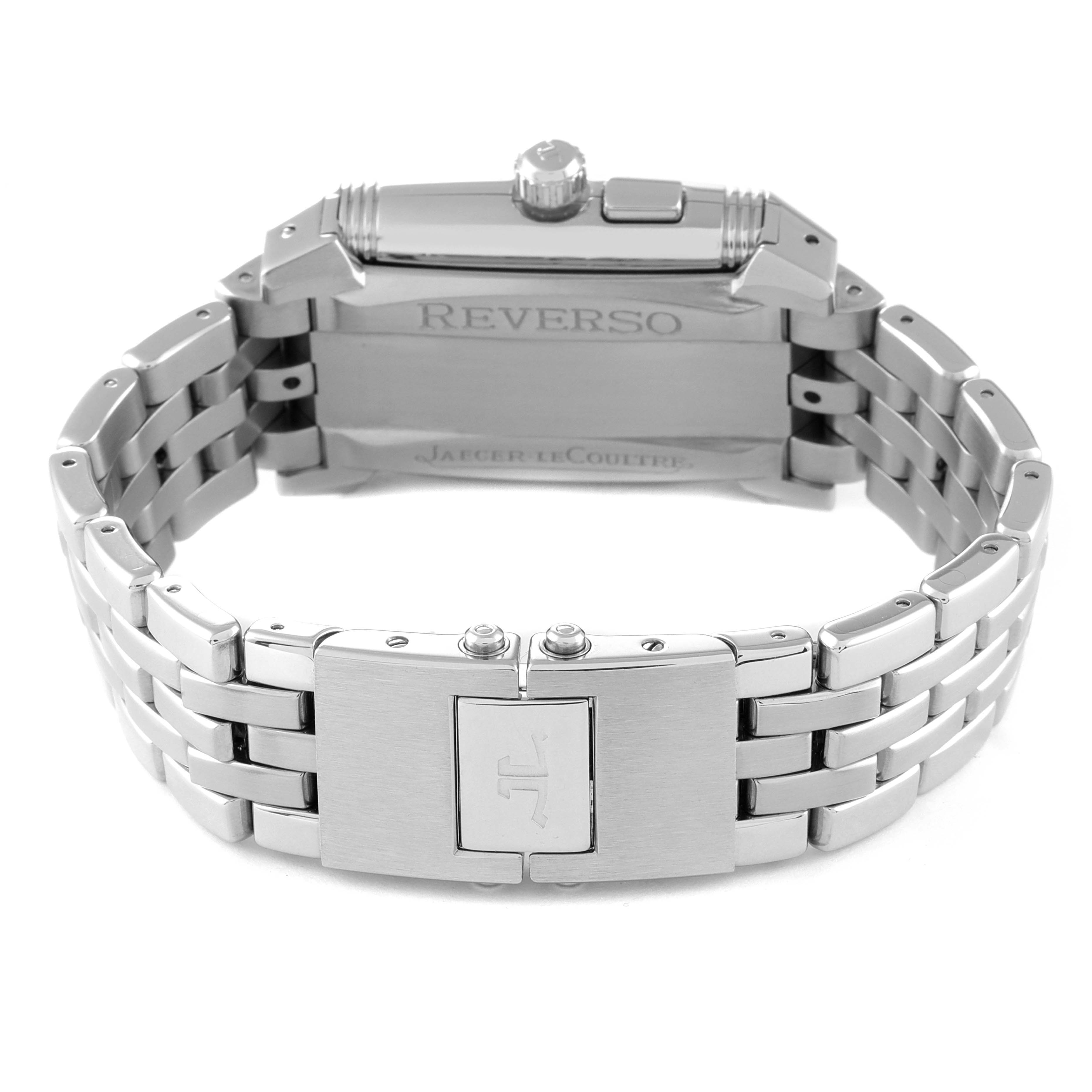 The image shows the back and bracelet of a Jaeger LeCoultre Reverso 295.8.51 Men
s Stainless Steel Silver Dial 295.8.51 Men
s Stainless Steel Silver Dial watch from a rear angle.