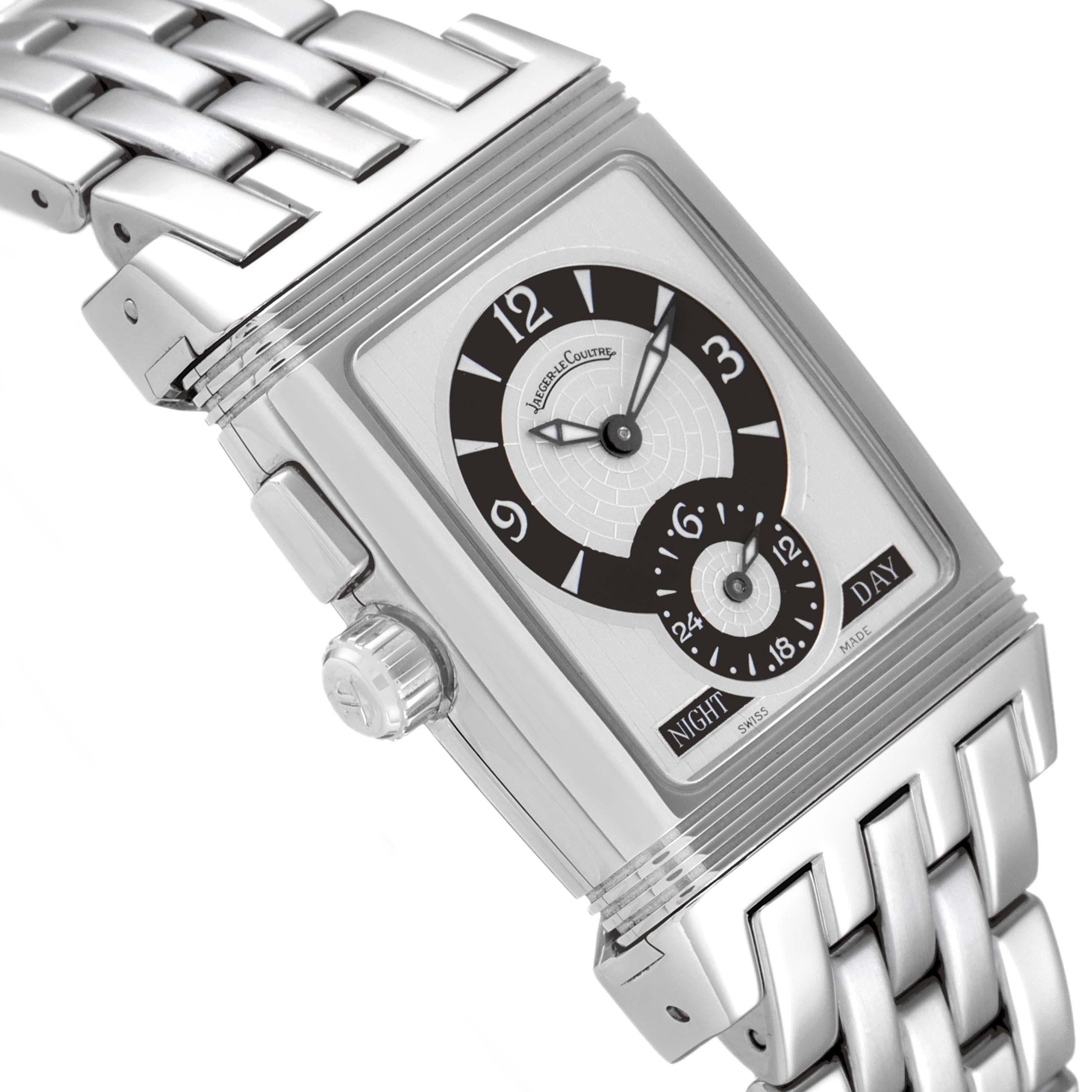 This image shows an angled close-up of the Jaeger LeCoultre Reverso 295.8.51 Men
s Stainless Steel Silver Dial 295.8.51 Men
s Stainless Steel Silver Dial watch, highlighting the dial, crown, and metal bracelet.