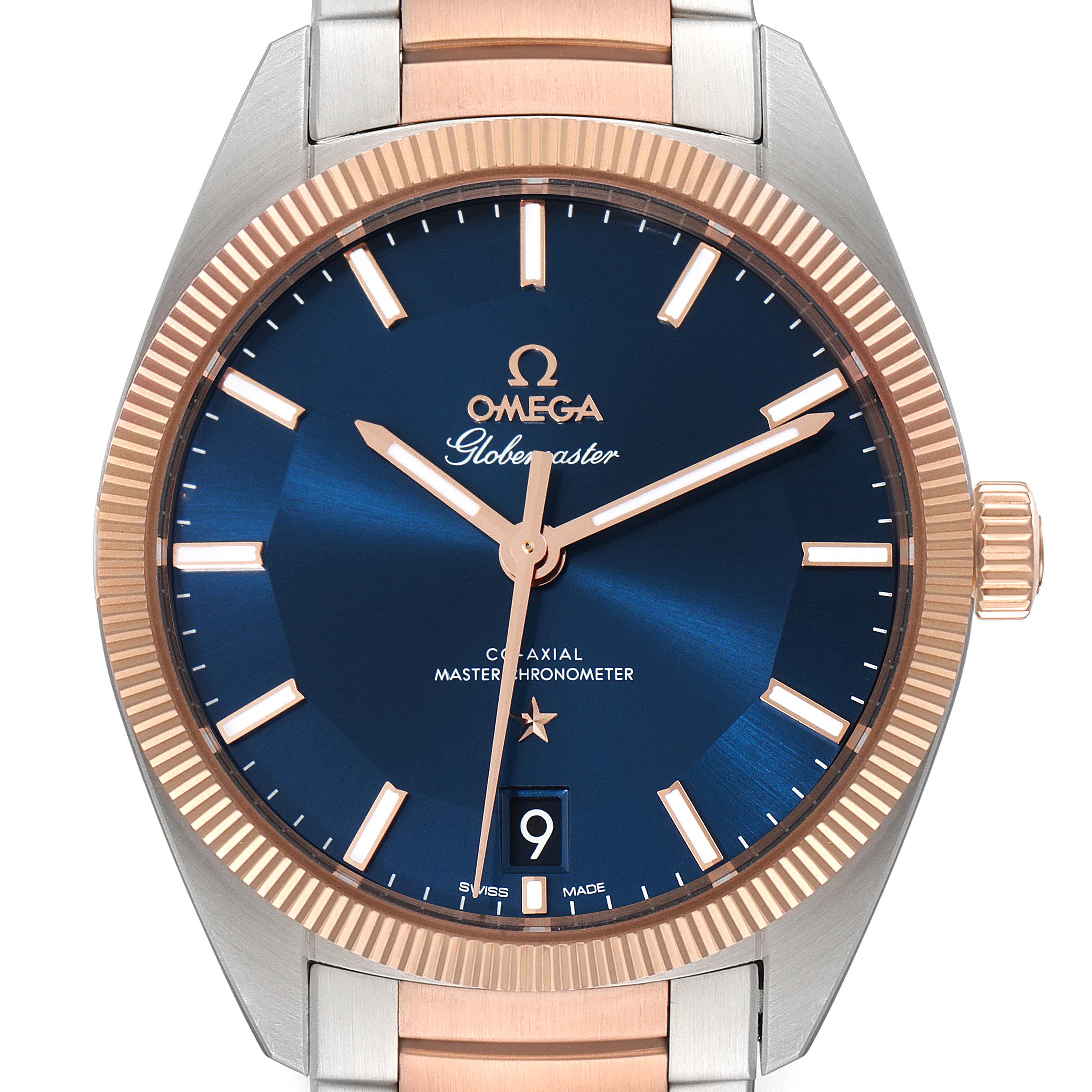 The image shows the front view of an Omega Constellation 130.20.39.21.03.001 Men's Steel and Gold (two tone) Blue Dial 130.20.39.21.03.001 Men's Steel and Gold (two tone) Blue Dial Globemaster watch, highlighting the dial, hands, bezel, and part of the bracelet.