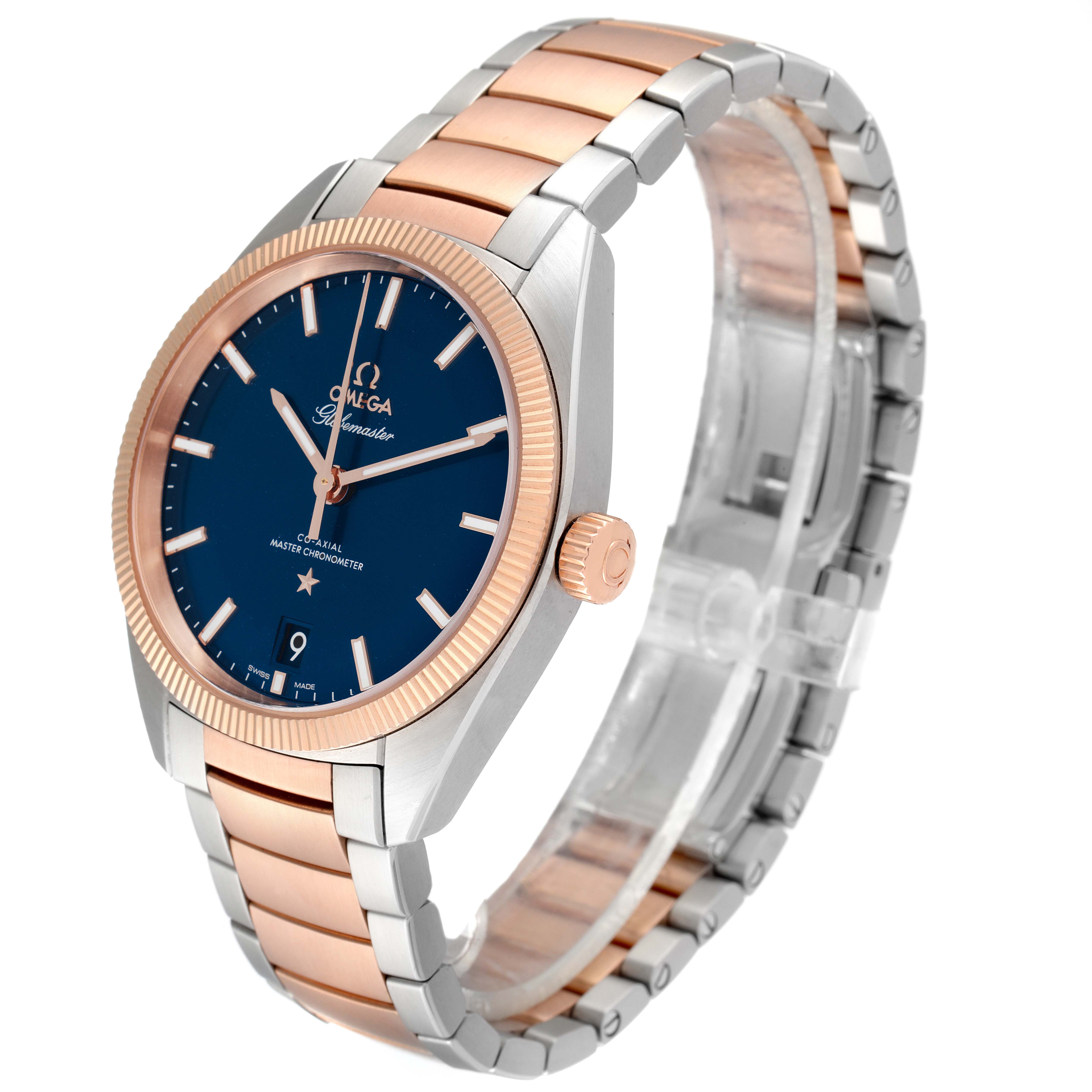 The image shows an angled view of an Omega Constellation 130.20.39.21.03.001 Men's Steel and Gold (two tone) Blue Dial 130.20.39.21.03.001 Men's Steel and Gold (two tone) Blue Dial watch featuring a blue dial and a two-tone bracelet.