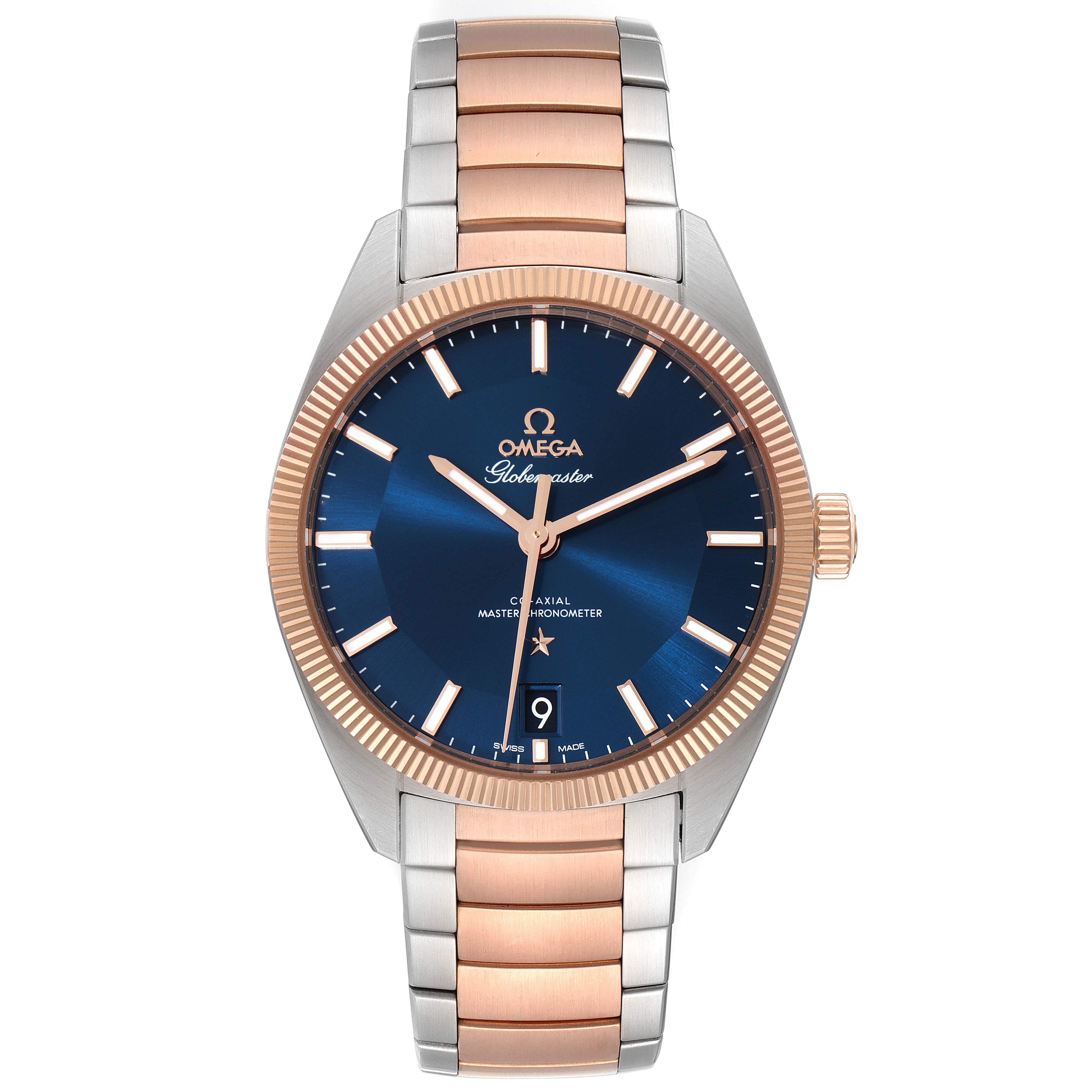 This image shows a front view of an Omega Constellation 130.20.39.21.03.001 Men's Steel and Gold (two tone) Blue Dial 130.20.39.21.03.001 Men's Steel and Gold (two tone) Blue Dial Globetrotter watch with a two-tone metal band and a blue dial.