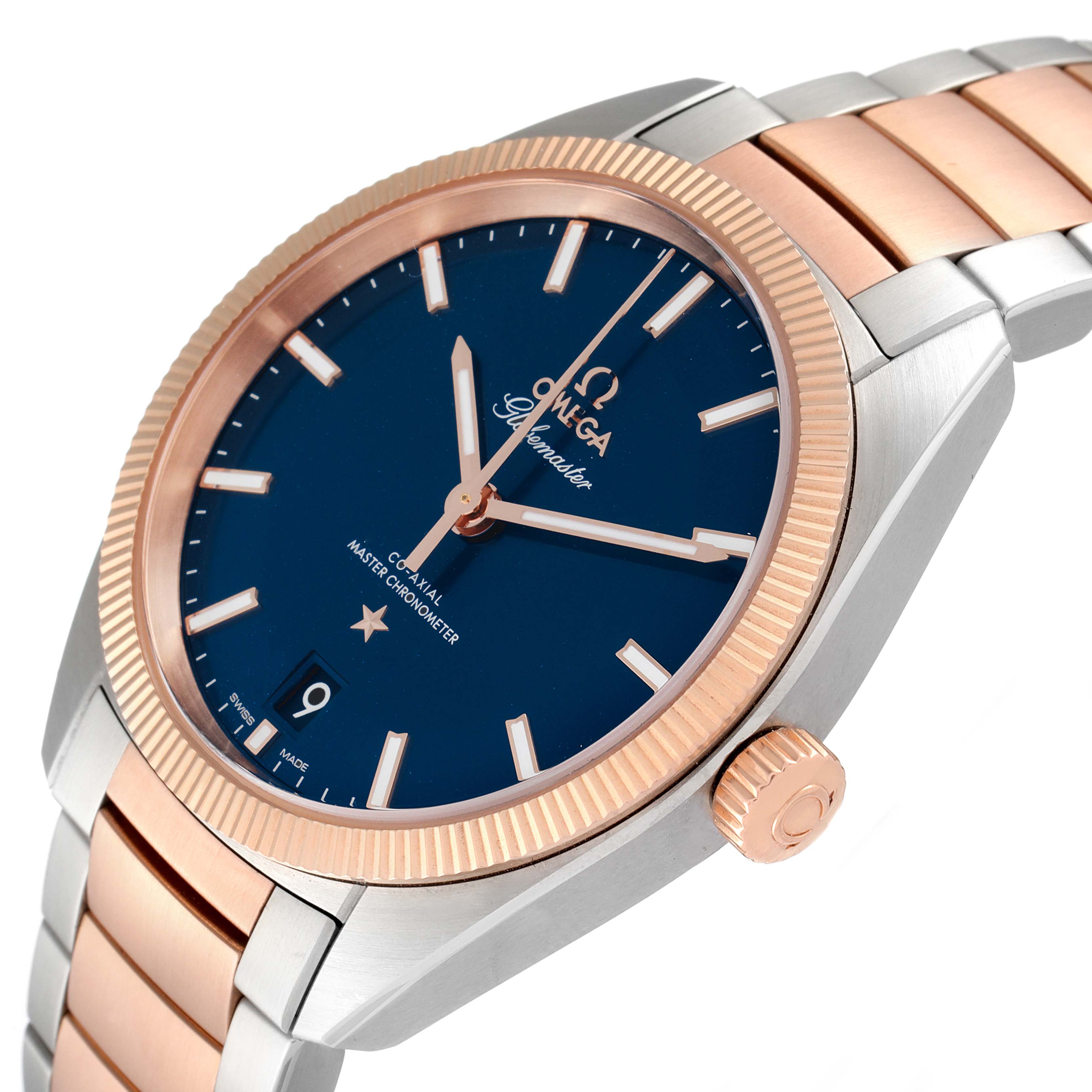 The image shows an angled view of the Omega Constellation 130.20.39.21.03.001 Men's Steel and Gold (two tone) Blue Dial 130.20.39.21.03.001 Men's Steel and Gold (two tone) Blue Dial watch, highlighting the dial, bezel, crown, and part of the bracelet.