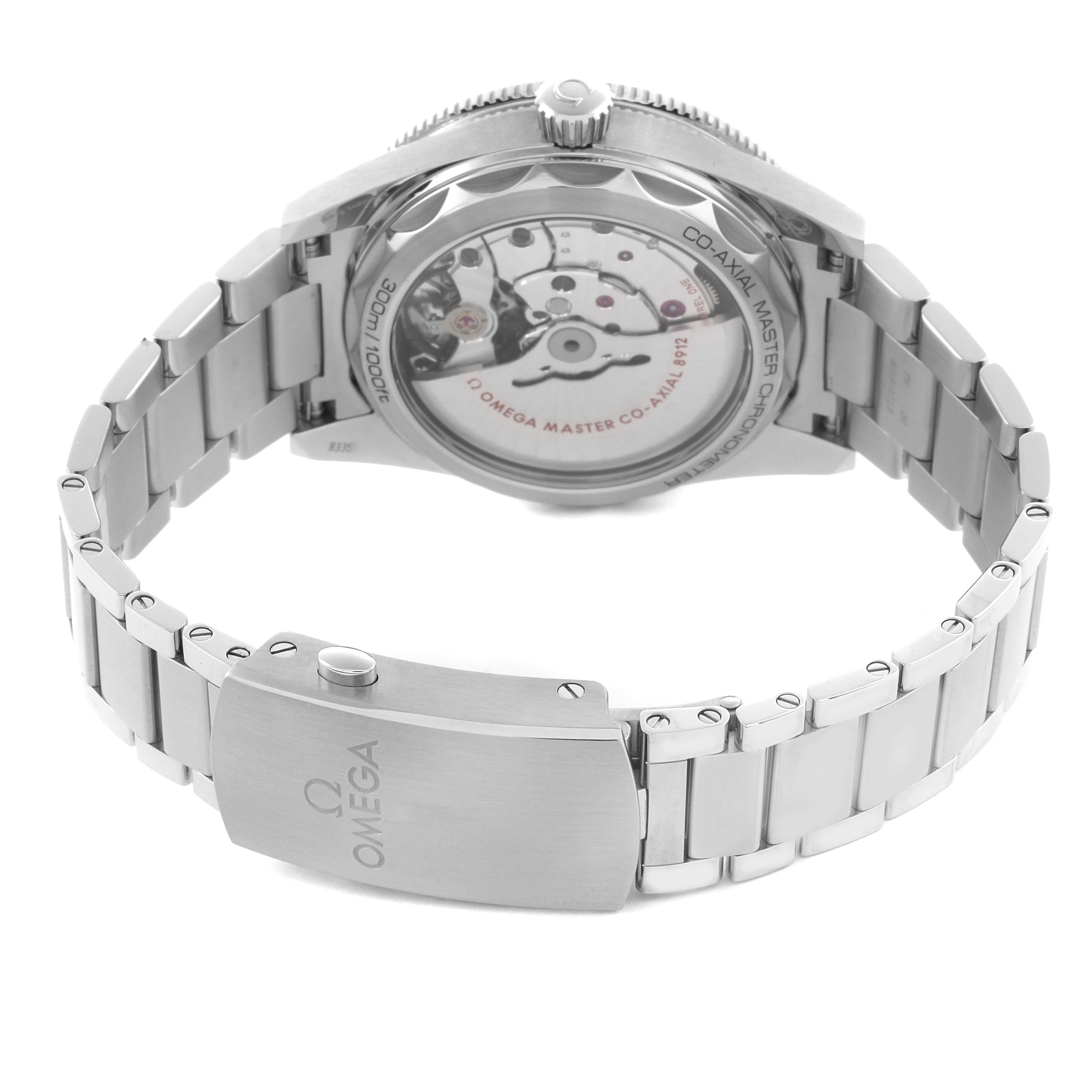 The Omega Seamaster 234.30.41.21.03.001 Men's Stainless Steel Blue Dial 234.30.41.21.03.001 Men's Stainless Steel Blue Dial watch is shown from the back, highlighting the exhibition case back and stainless steel bracelet.