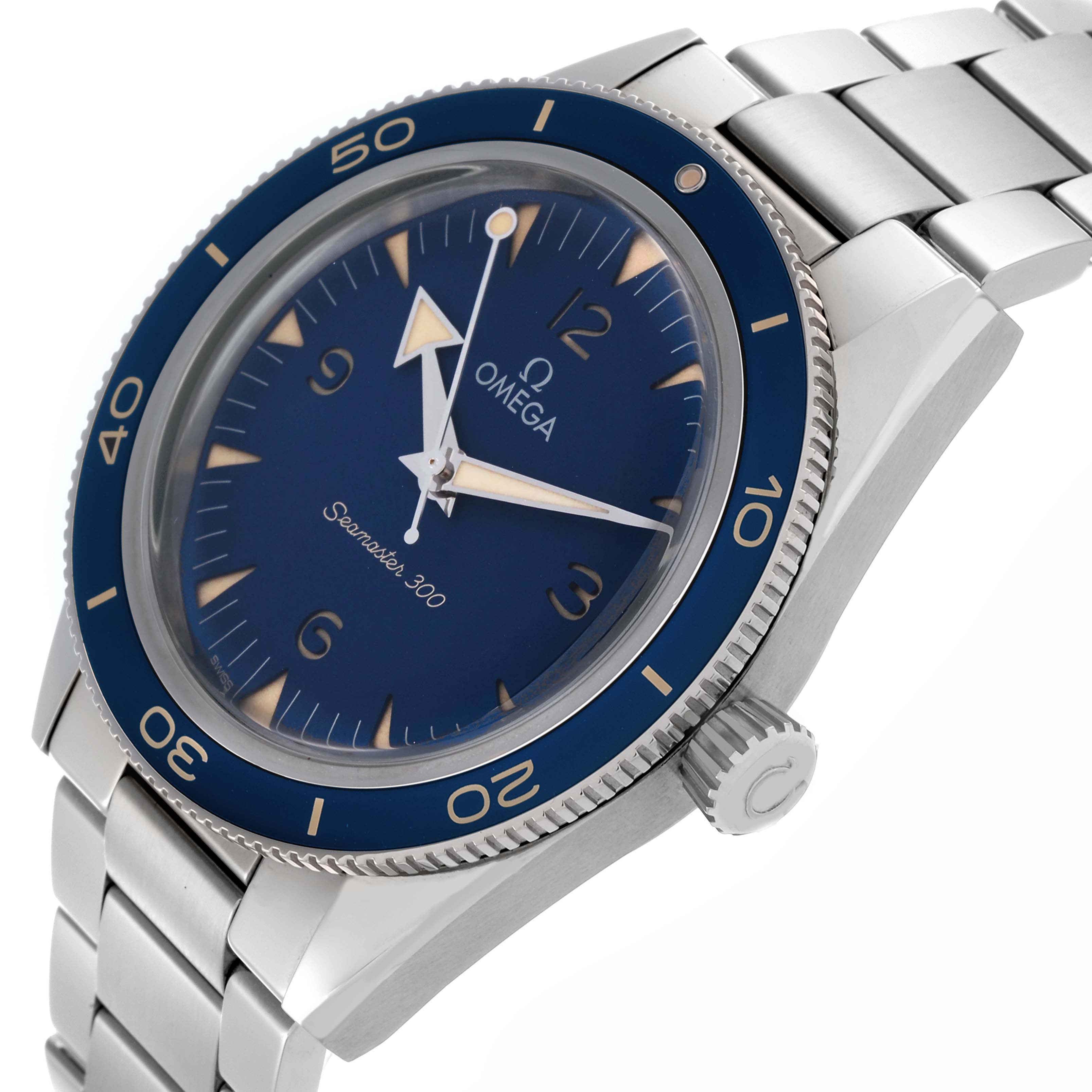 The Omega Seamaster 234.30.41.21.03.001 Men's Stainless Steel Blue Dial 234.30.41.21.03.001 Men's Stainless Steel Blue Dial watch is shown from a side angle, highlighting the blue dial, bezel, and stainless steel bracelet.