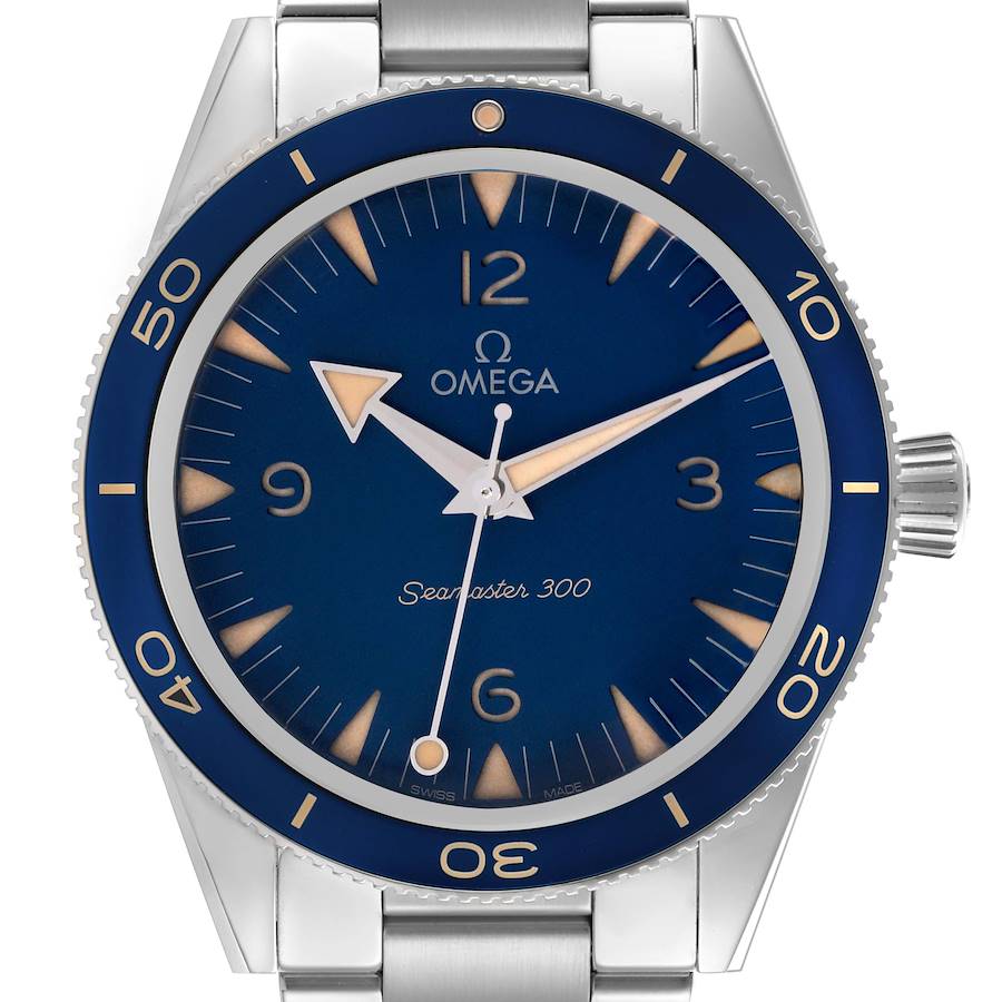 The image shows a front view of the Omega Seamaster 300, displaying the face, bezel, and crown.