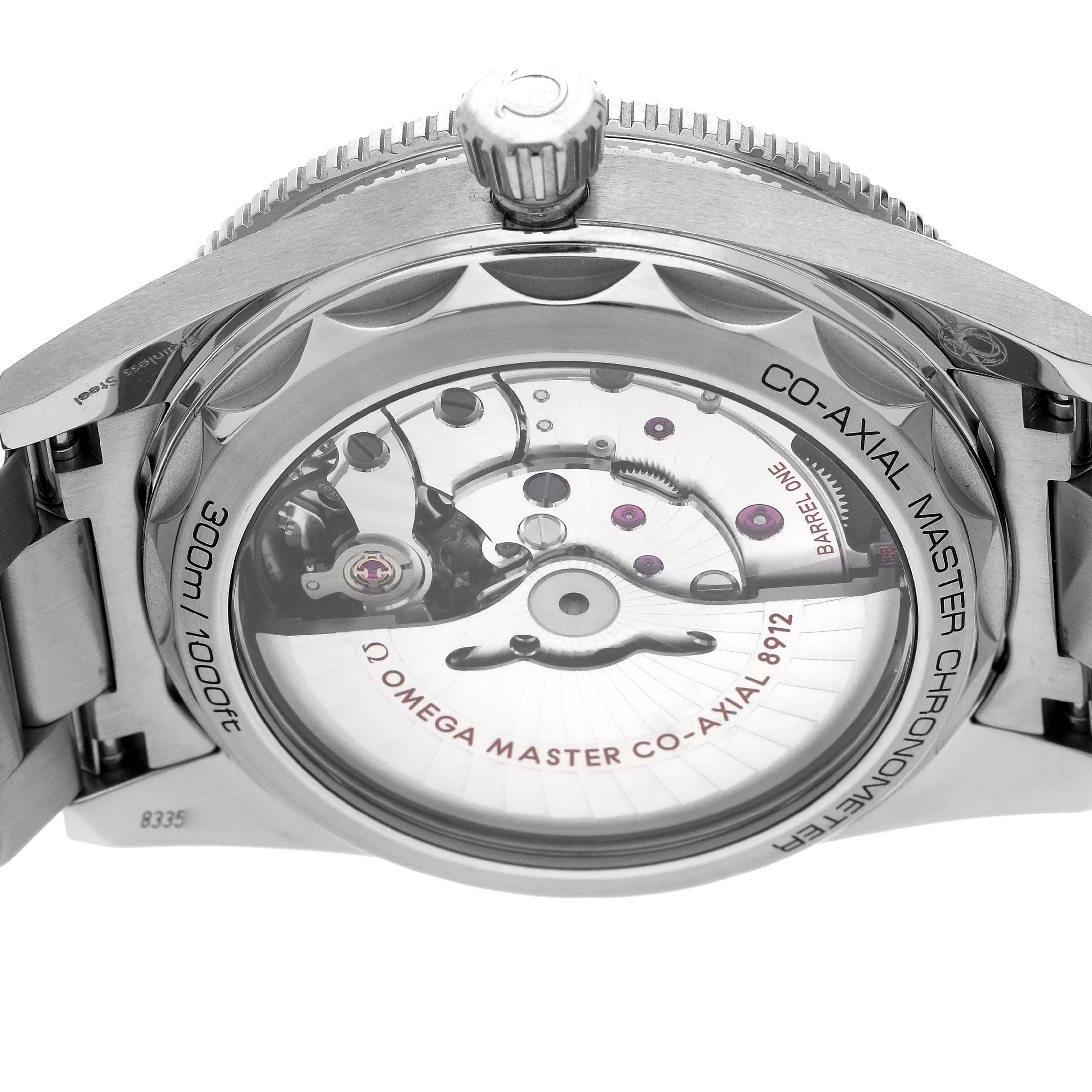 The Omega Seamaster 234.30.41.21.03.001 Men's Stainless Steel Blue Dial 234.30.41.21.03.001 Men's Stainless Steel Blue Dial model is shown from the back, highlighting the transparent case back and Co-Axial movement components.