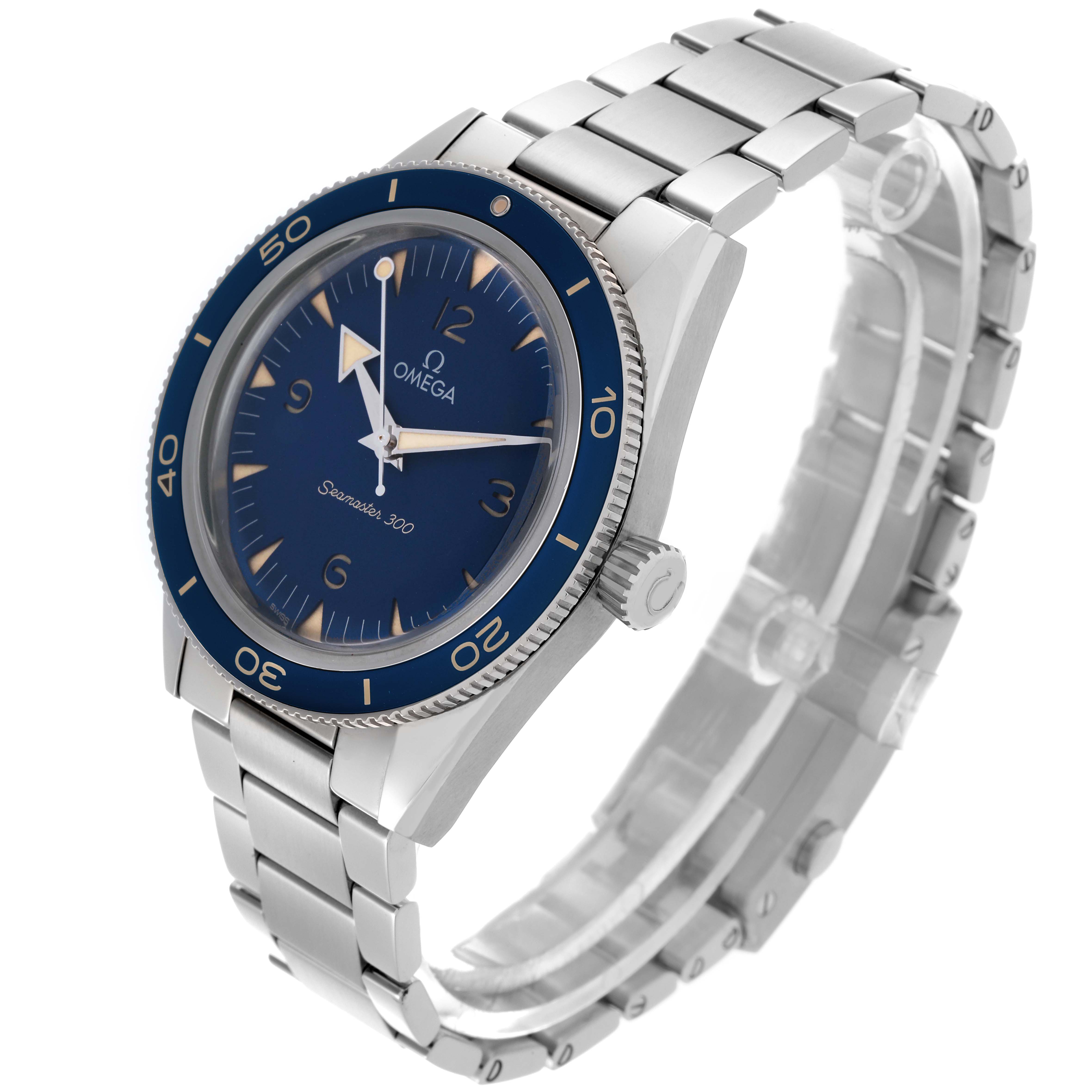 The Omega Seamaster 234.30.41.21.03.001 Men's Stainless Steel Blue Dial 234.30.41.21.03.001 Men's Stainless Steel Blue Dial watch is shown at a three-quarter angle, displaying the face, bezel, crown, and bracelet.