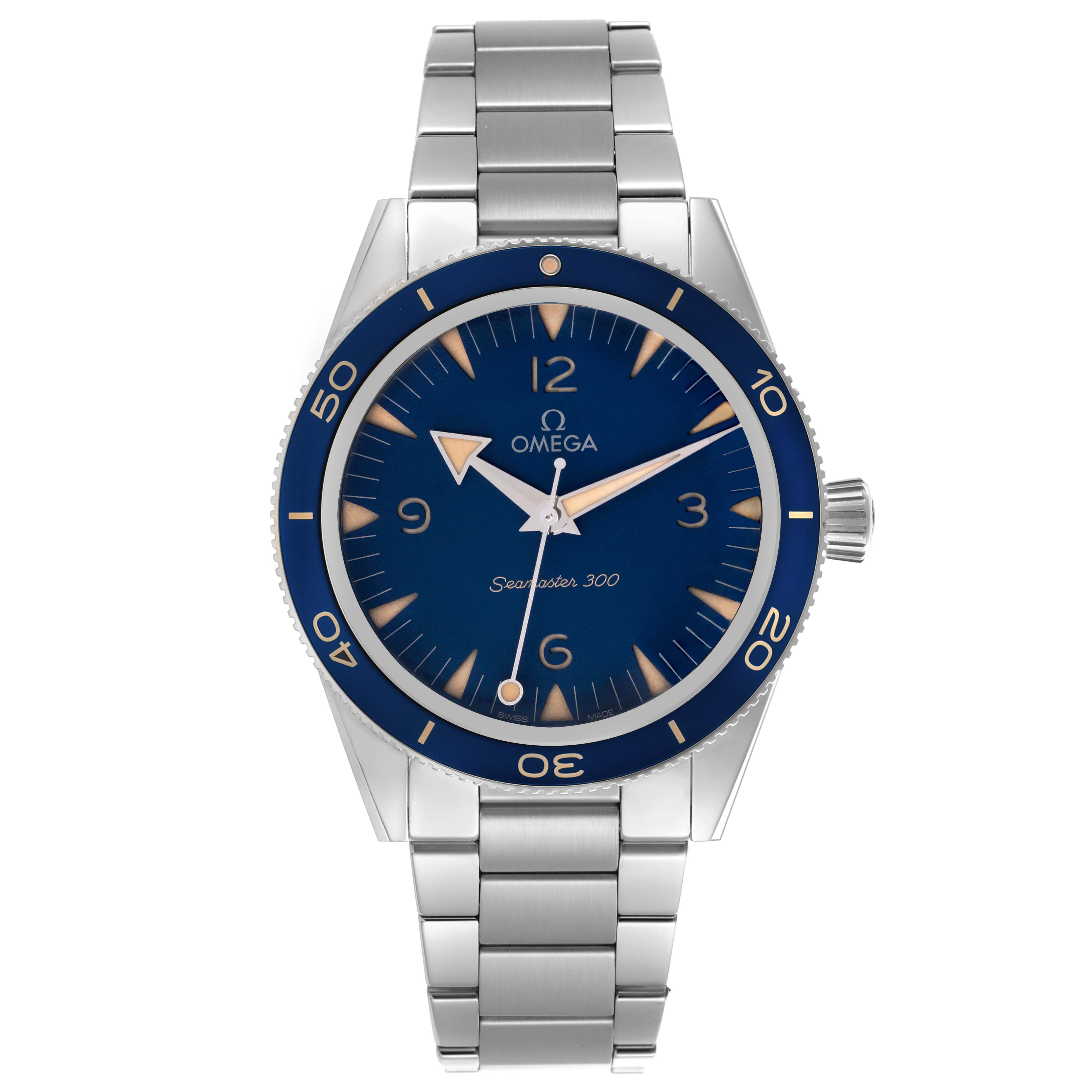 The Omega Seamaster 234.30.41.21.03.001 Men's Stainless Steel Blue Dial 234.30.41.21.03.001 Men's Stainless Steel Blue Dial watch is shown from a front angle, displaying the dial, bezel, case, bracelet, and crown.