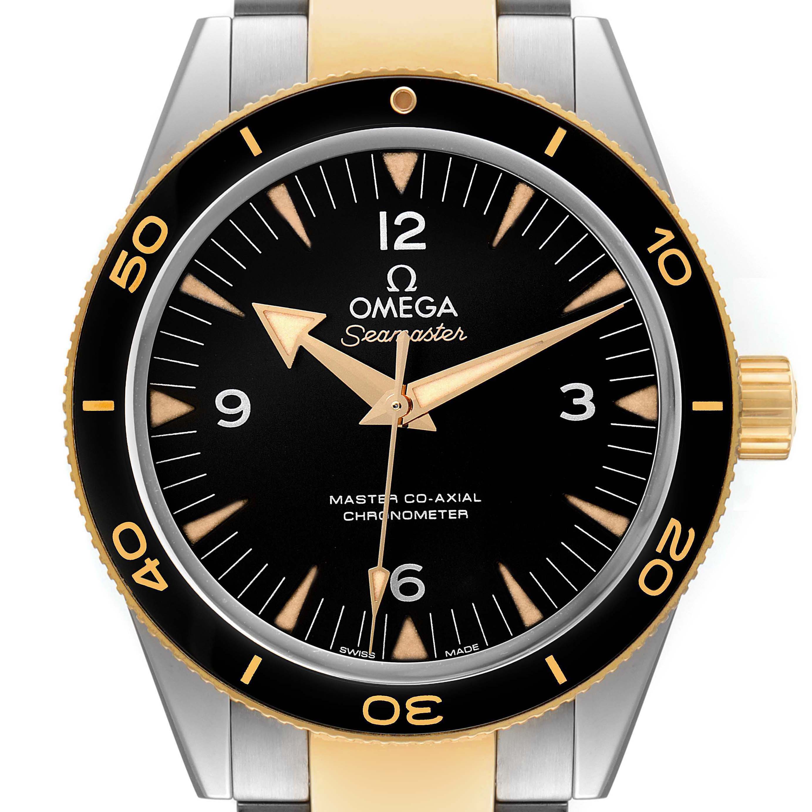 The close-up angle displays the face of the Omega Seamaster 233.20.41.21.01.001 Men's Steel and Gold (two tone) Black Dial 233.20.41.21.01.001 Men's Steel and Gold (two tone) Black Dial watch, including the bezel, crown, and part of the bracelet.