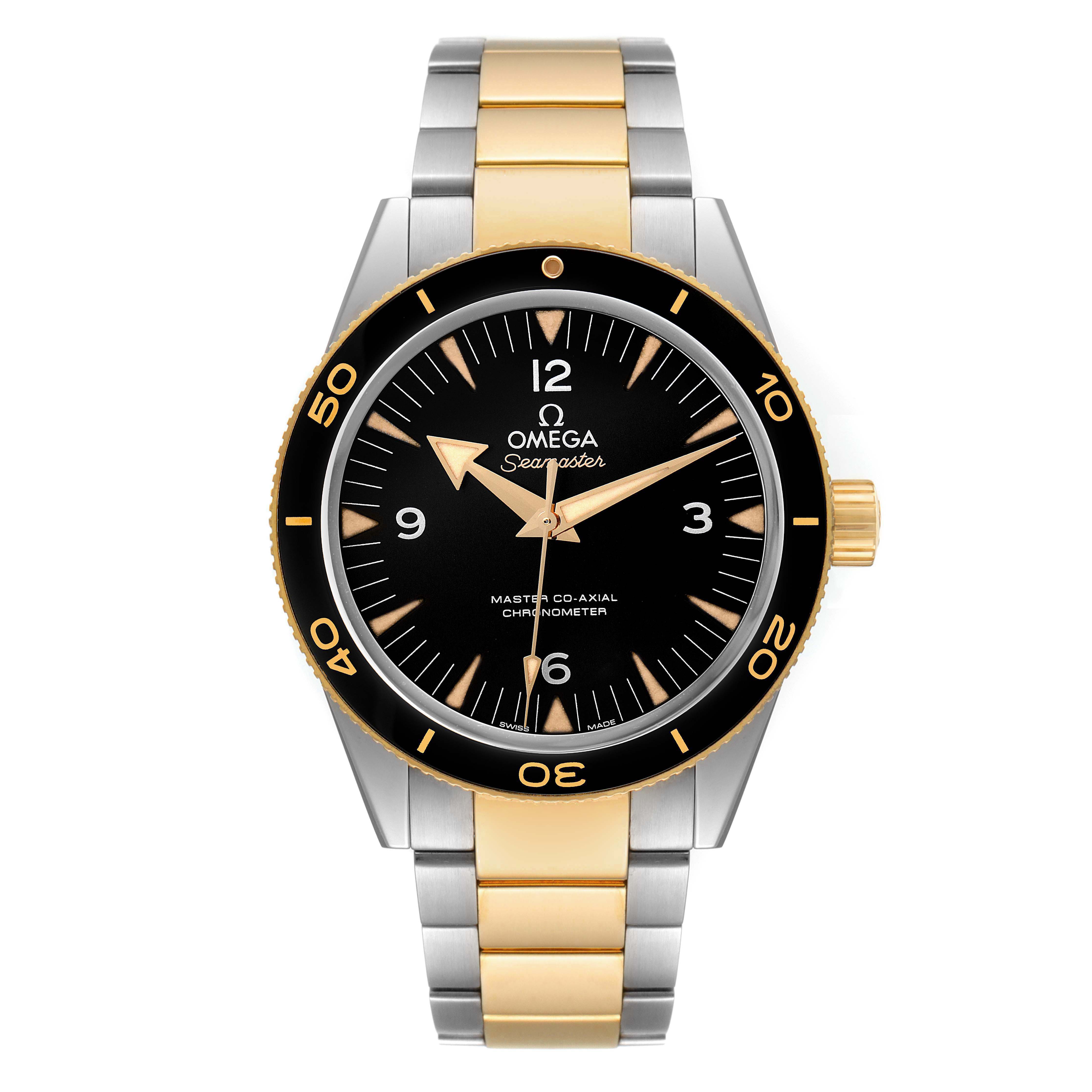 The Omega Seamaster 233.20.41.21.01.001 Men's Steel and Gold (two tone) Black Dial 233.20.41.21.01.001 Men's Steel and Gold (two tone) Black Dial watch is shown from the front, highlighting the black dial, bezel, and two-tone strap.