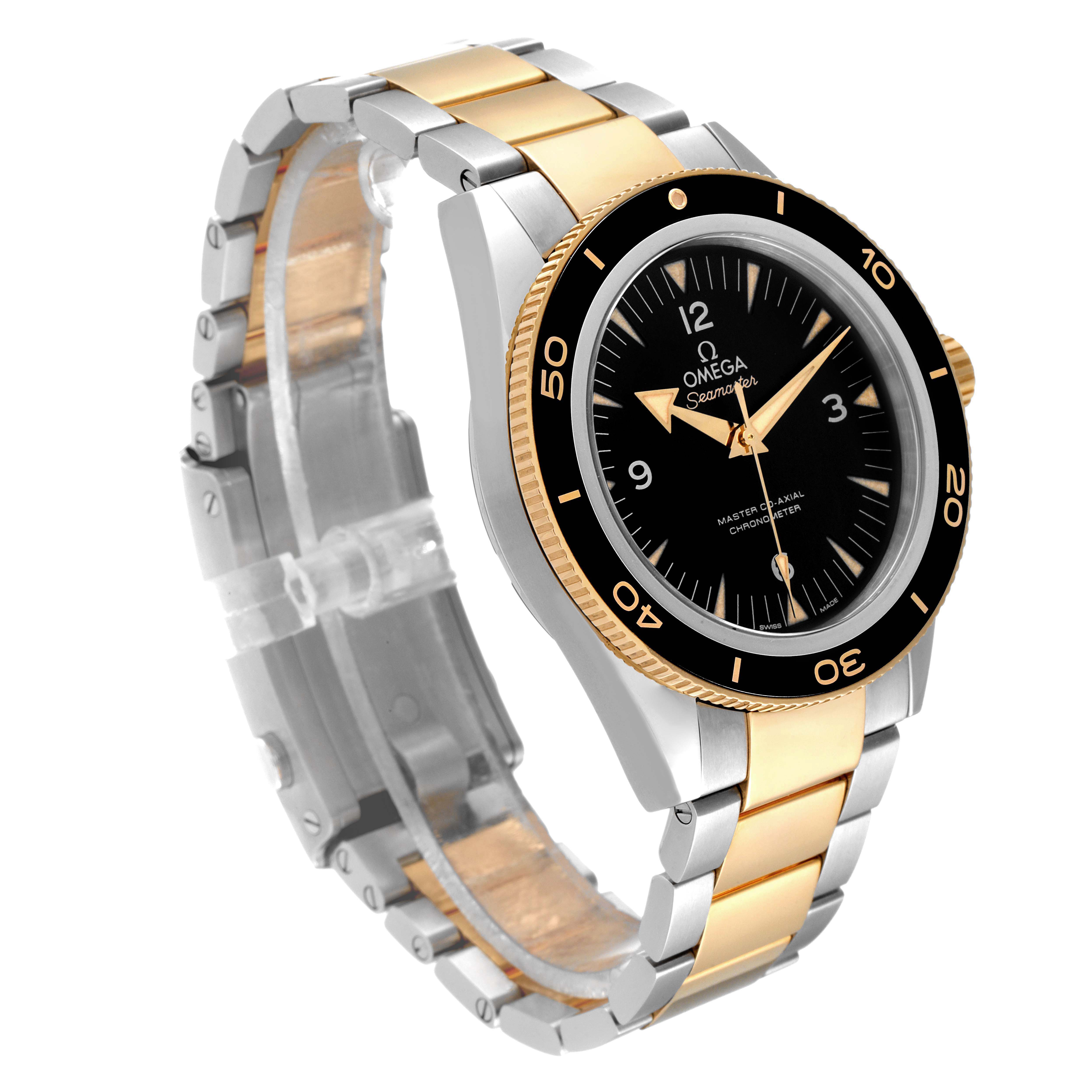 The image shows an Omega Seamaster 233.20.41.21.01.001 Men's Steel and Gold (two tone) Black Dial 233.20.41.21.01.001 Men's Steel and Gold (two tone) Black Dial watch at a three-quarter angle, highlighting its bezel, dial, and two-tone bracelet.