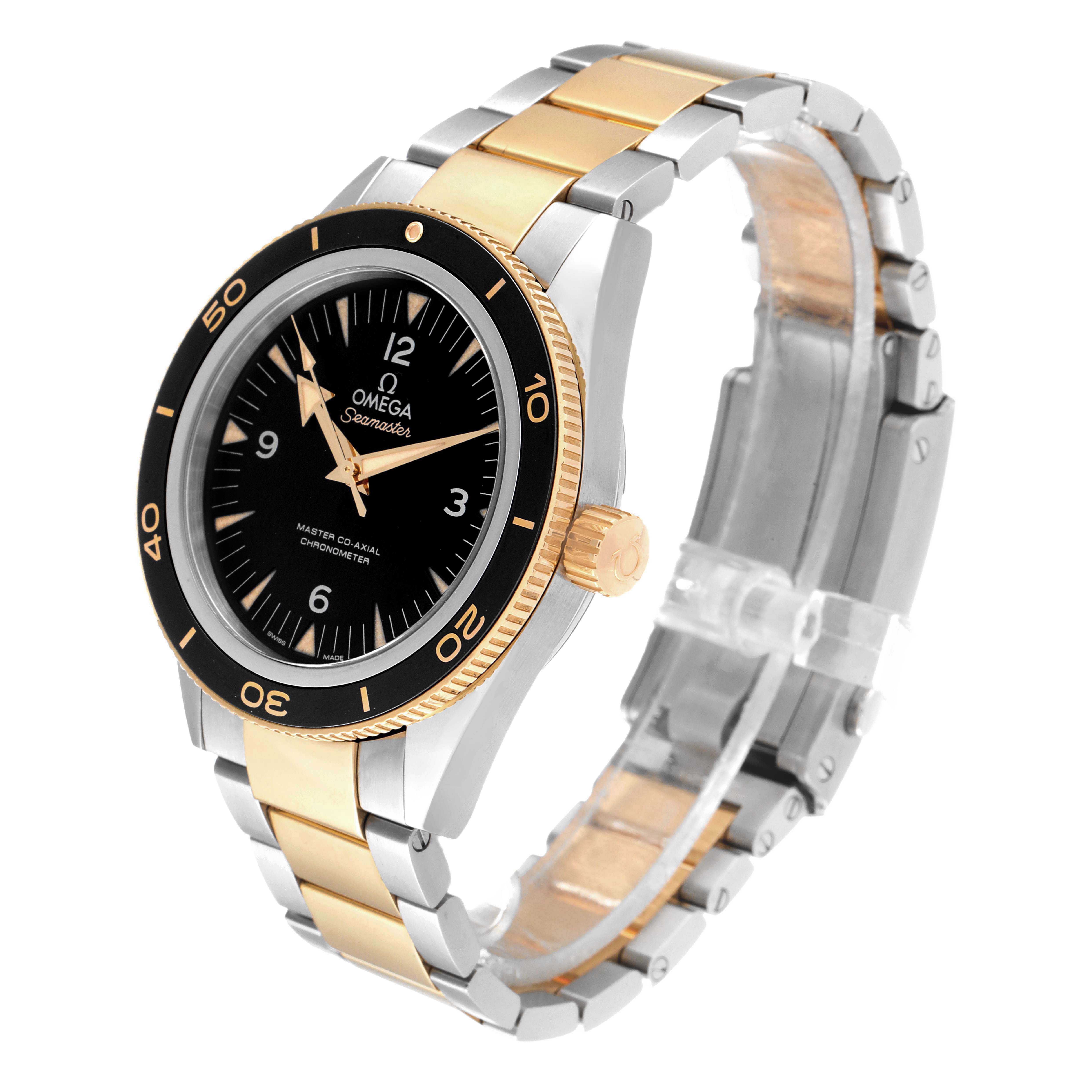 This image shows a side and front angle of an Omega Seamaster 233.20.41.21.01.001 Men's Steel and Gold (two tone) Black Dial 233.20.41.21.01.001 Men's Steel and Gold (two tone) Black Dial watch, highlighting its dial, bezel, crown, and bracelet.