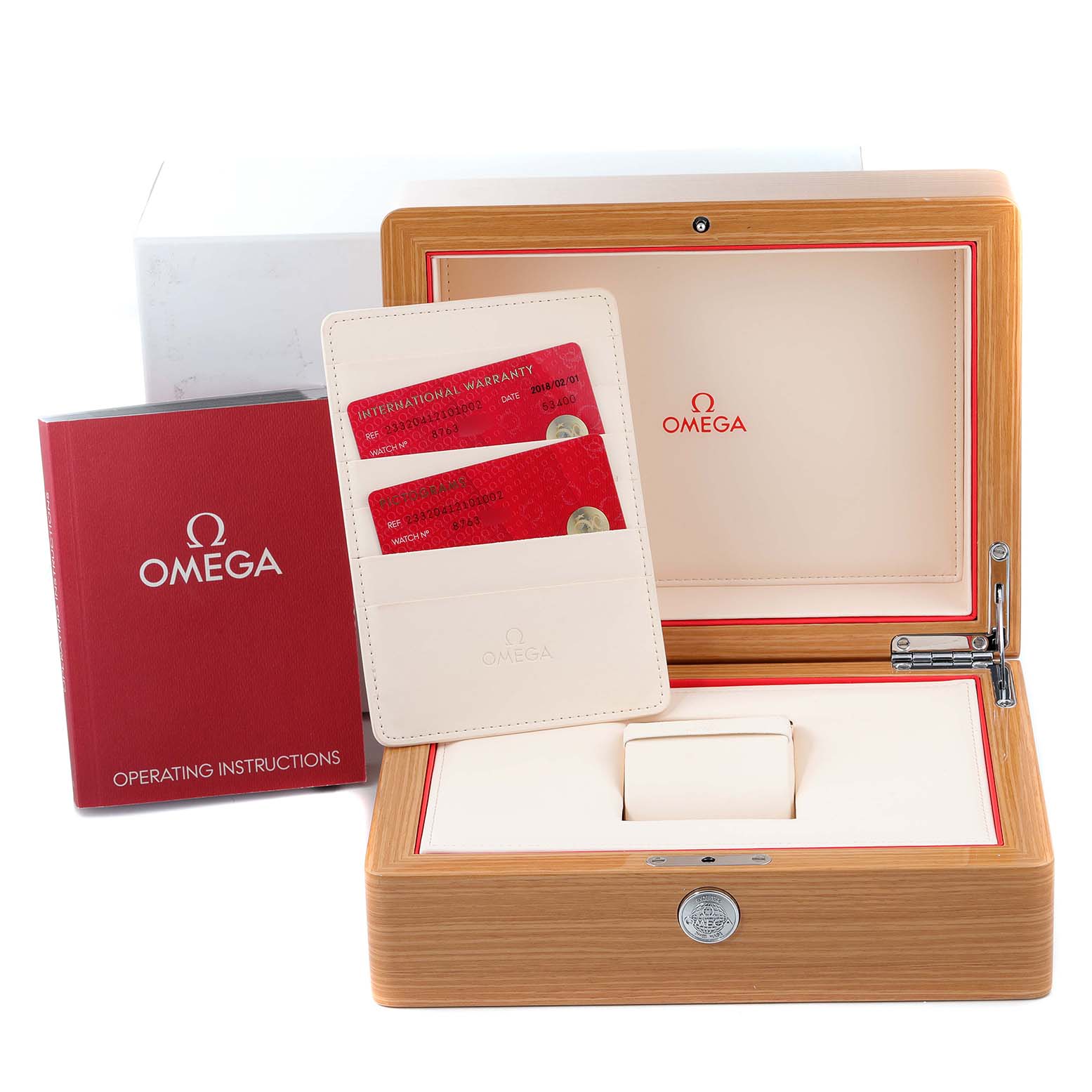 The image shows an Omega Seamaster 233.20.41.21.01.001 Men's Steel and Gold (two tone) Black Dial 233.20.41.21.01.001 Men's Steel and Gold (two tone) Black Dial watch box, warranty cards, and the operating instructions.