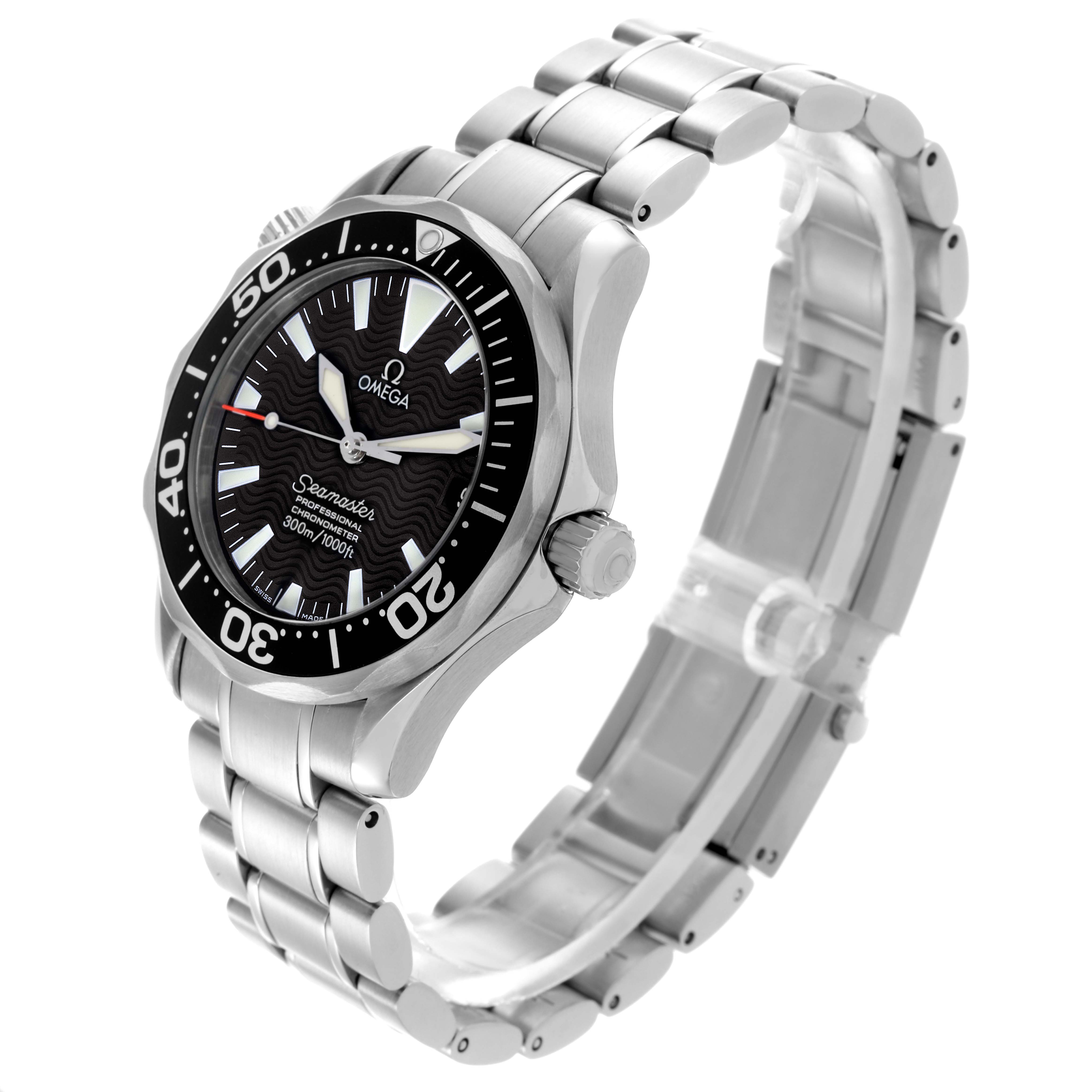 The Omega Seamaster 2252.50.00 Men
s Stainless Steel Black Dial 2252.50.00 Men
s Stainless Steel Black Dial watch is shown at a three-quarter angle, displaying its face, bezel, crown, and stainless steel bracelet.