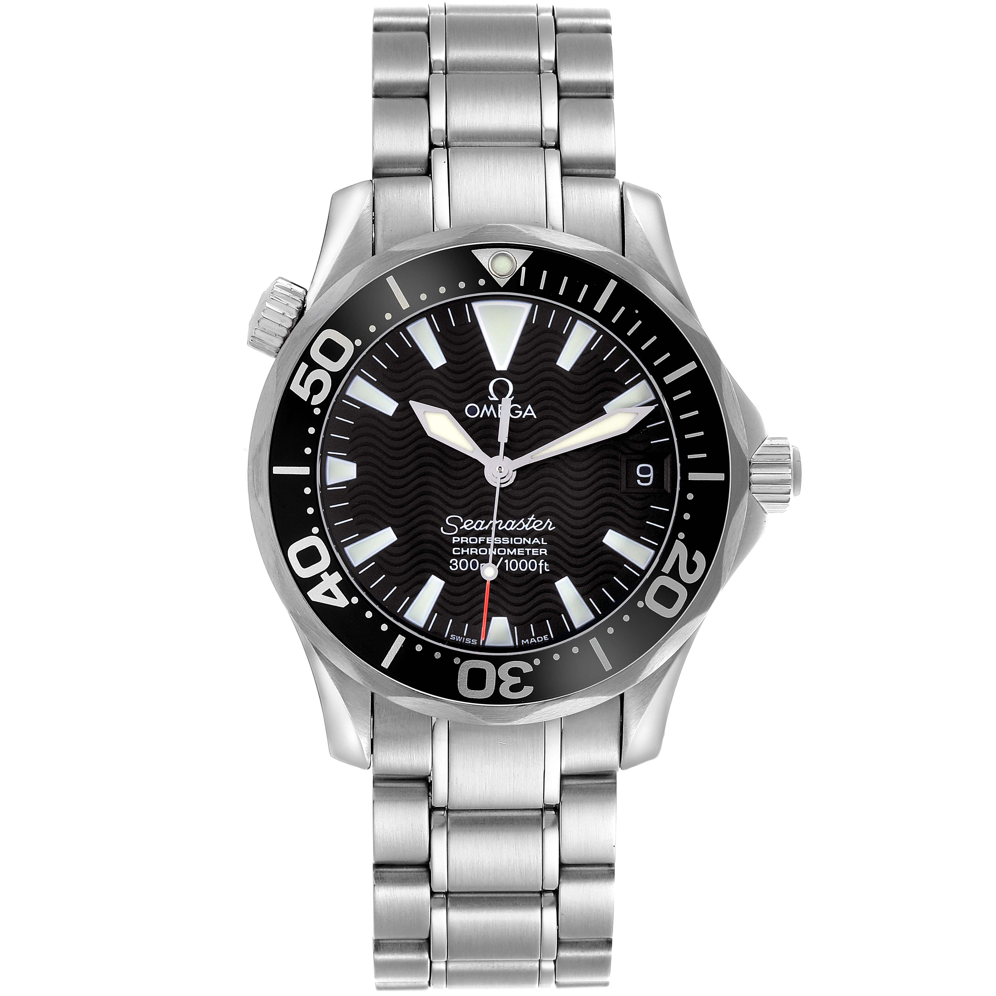 The Omega Seamaster 2252.50.00 Men
s Stainless Steel Black Dial 2252.50.00 Men
s Stainless Steel Black Dial watch is shown from a front angle, displaying the face, bezel, crown, and stainless steel bracelet.