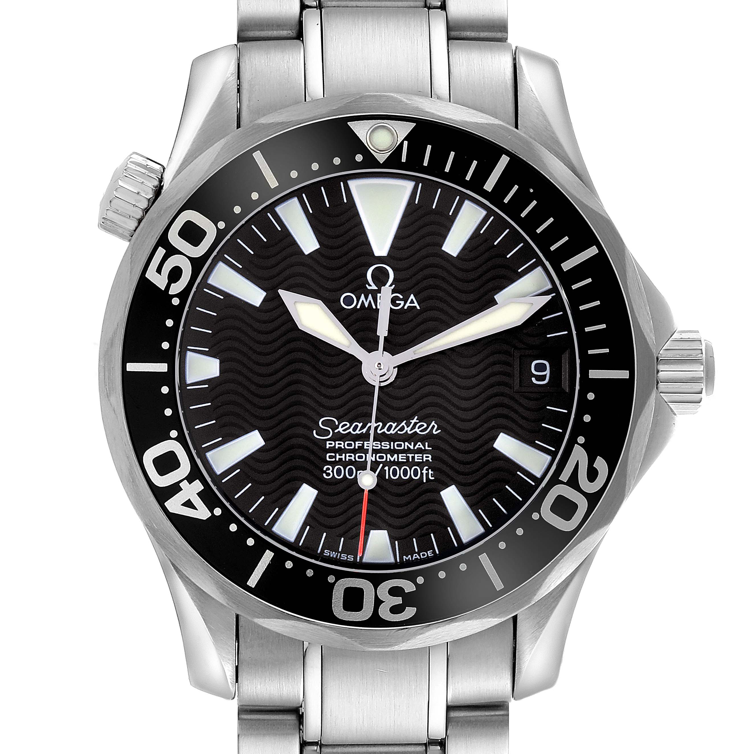 The Omega Seamaster 2252.50.00 Men
s Stainless Steel Black Dial 2252.50.00 Men
s Stainless Steel Black Dial watch is shown from a front angle, displaying the dial, bezel, and part of the bracelet.