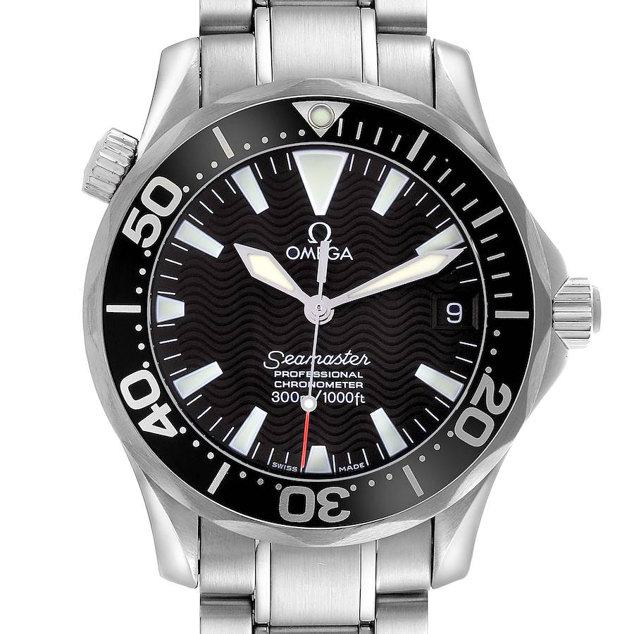 The Omega Seamaster watch is shown from a front angle, displaying the dial, bezel, and part of the bracelet.