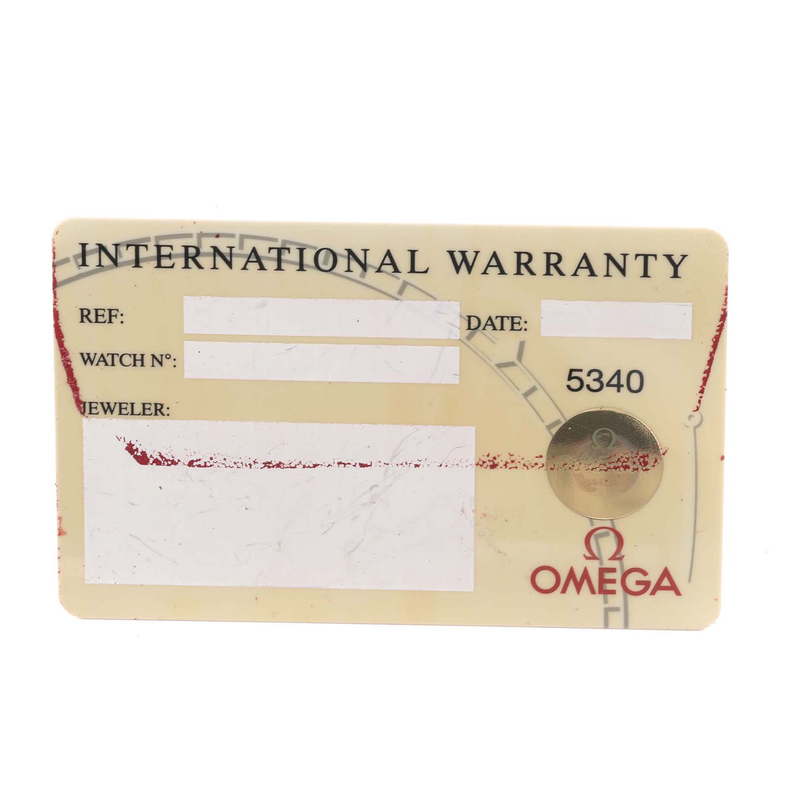 The image shows an Omega Seamaster 2252.50.00 Men
s Stainless Steel Black Dial 2252.50.00 Men
s Stainless Steel Black Dial International Warranty card with fields for reference, date, watch number, and jeweler.