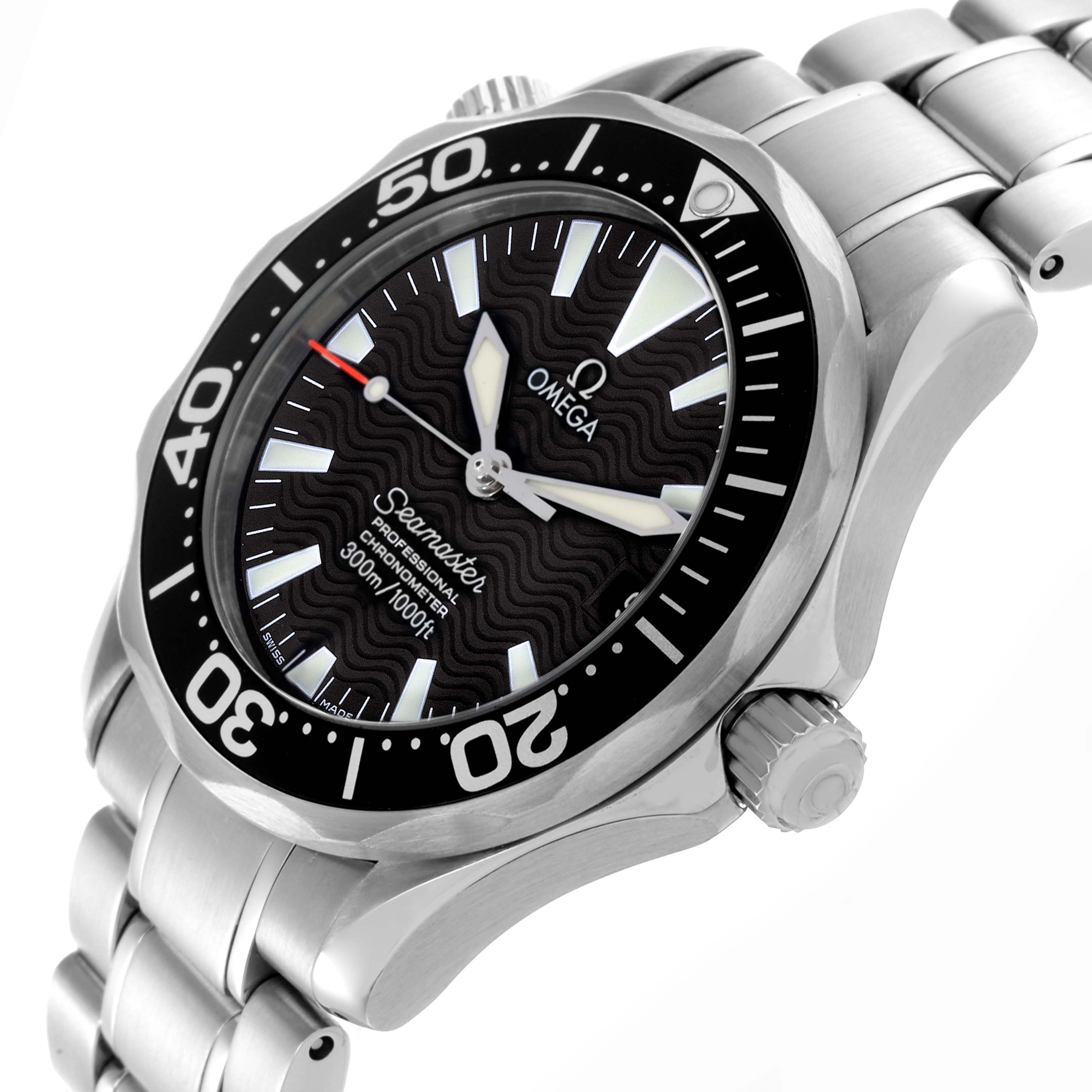 The Omega Seamaster 2252.50.00 Men
s Stainless Steel Black Dial 2252.50.00 Men
s Stainless Steel Black Dial watch is shown at an angled view highlighting the dial, bezel, crown, and part of the bracelet.
