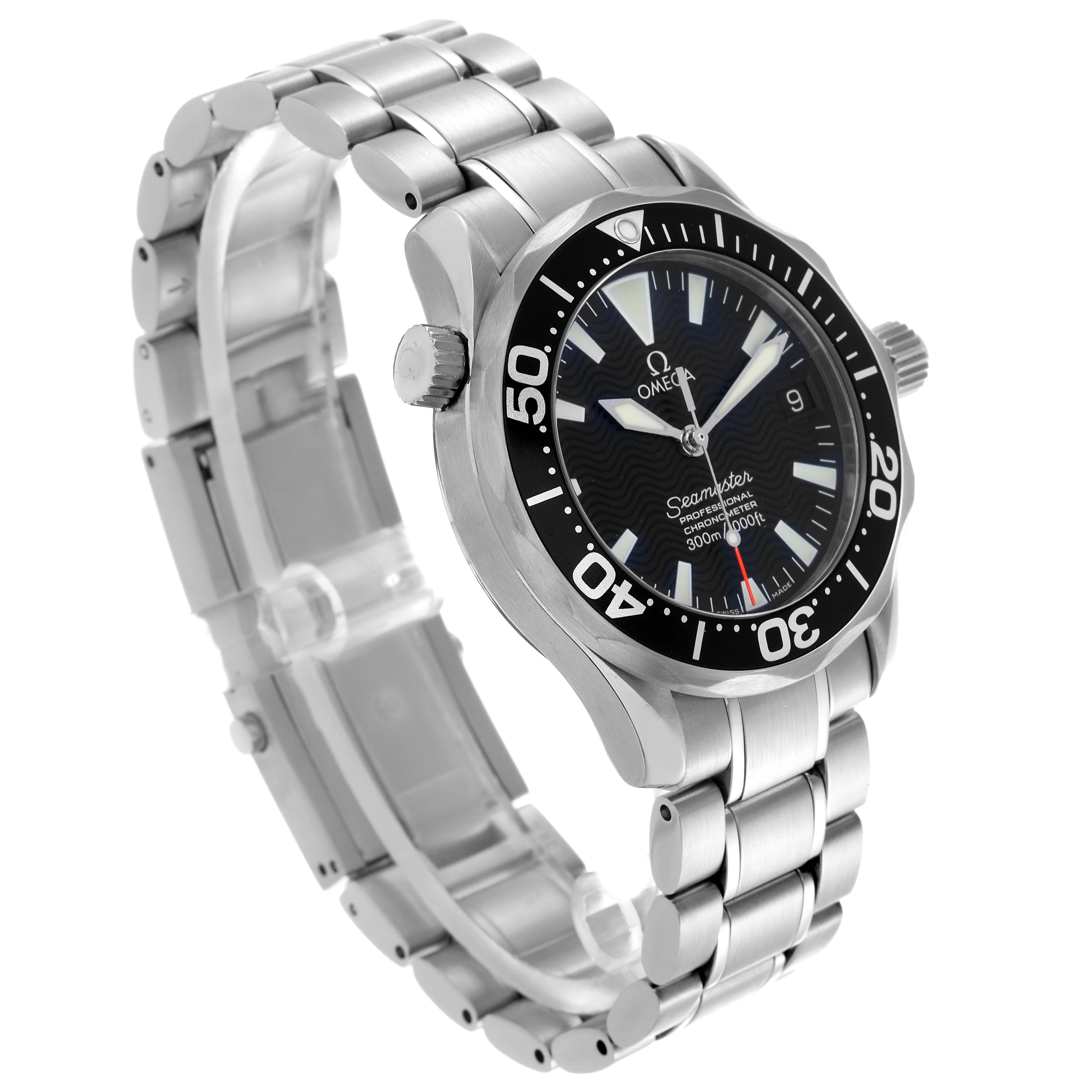 The Omega Seamaster 2252.50.00 Men
s Stainless Steel Black Dial 2252.50.00 Men
s Stainless Steel Black Dial watch is shown from a three-quarter angle, highlighting the bezel, dial, and stainless steel bracelet.